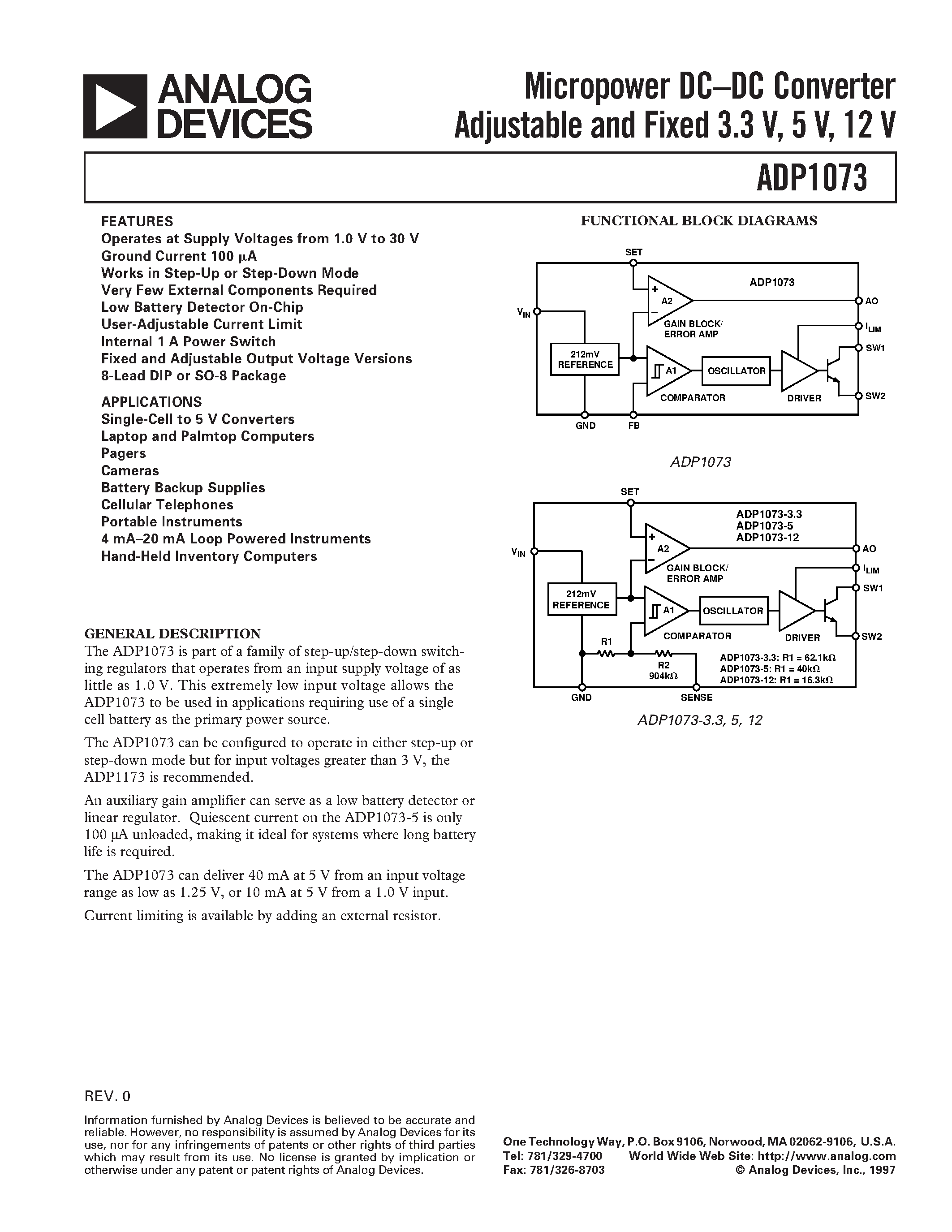 Даташит ADP1073AR - Micropower DC.DC Converter Adjustable and Fixed 3.3 V/ 5 V/ 12 V страница 1