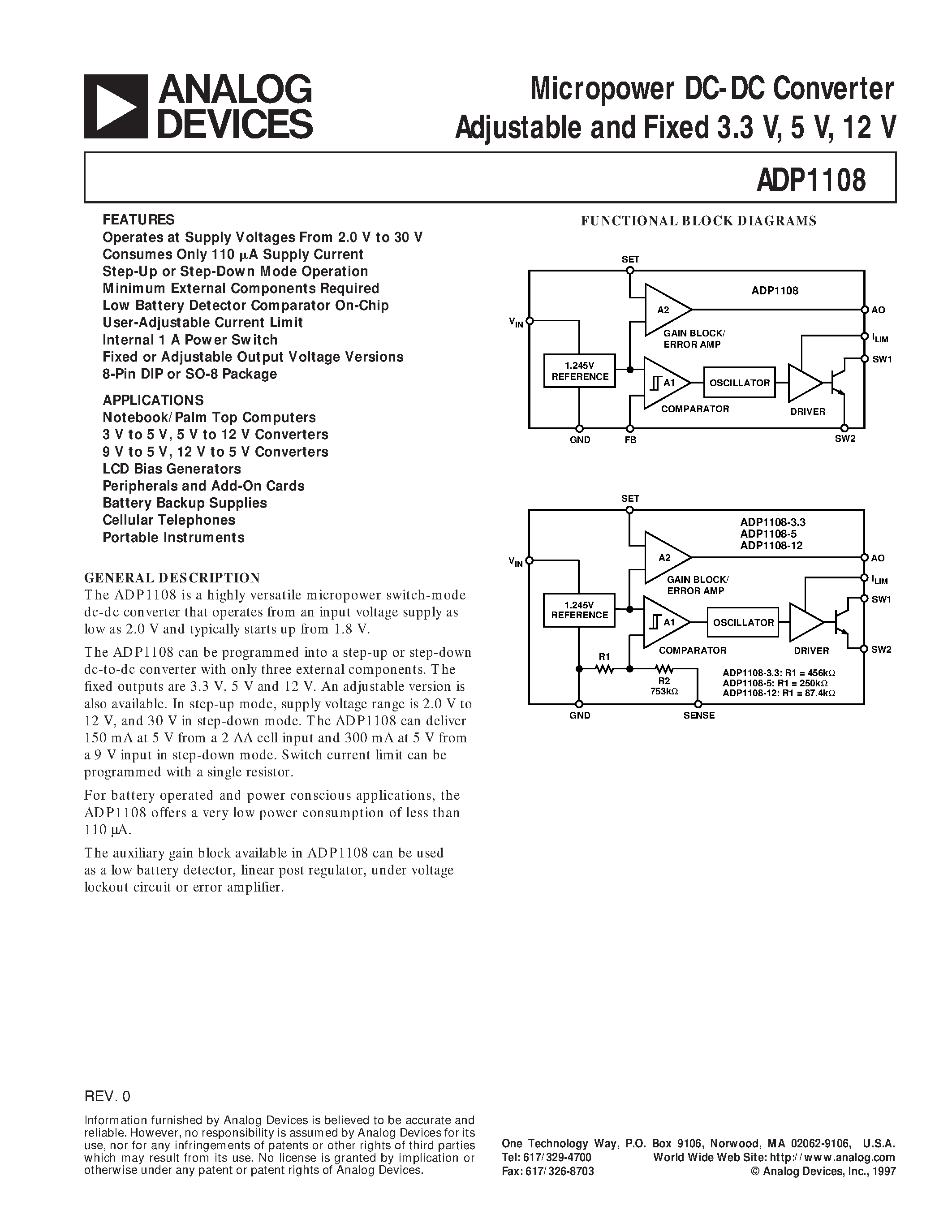 Даташит ADP1108 - Micropower DC-DC Converter Adjustable and Fixed 3.3 V/ 5 V/ 12 V страница 1