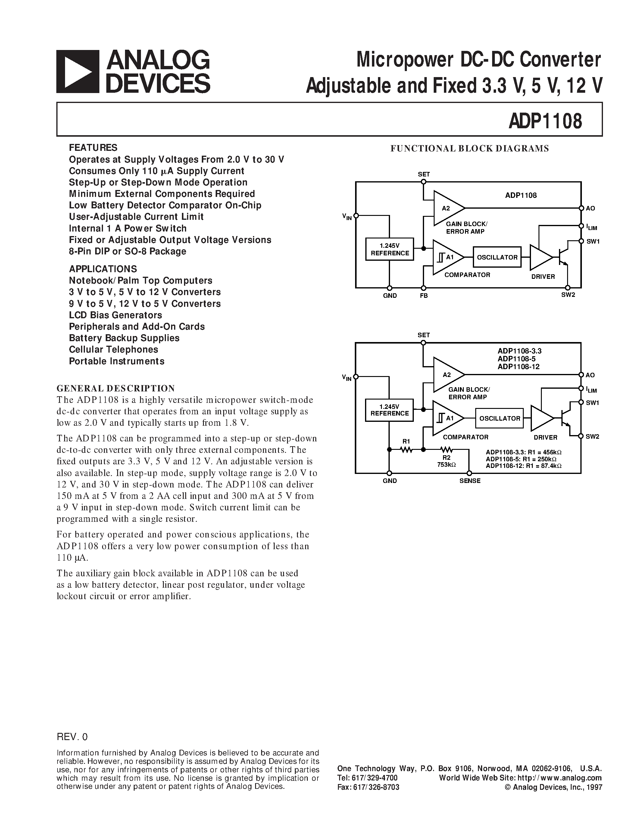 Даташит ADP1108AR - Micropower DC-DC Converter Adjustable and Fixed 3.3 V/ 5 V/ 12 V страница 1