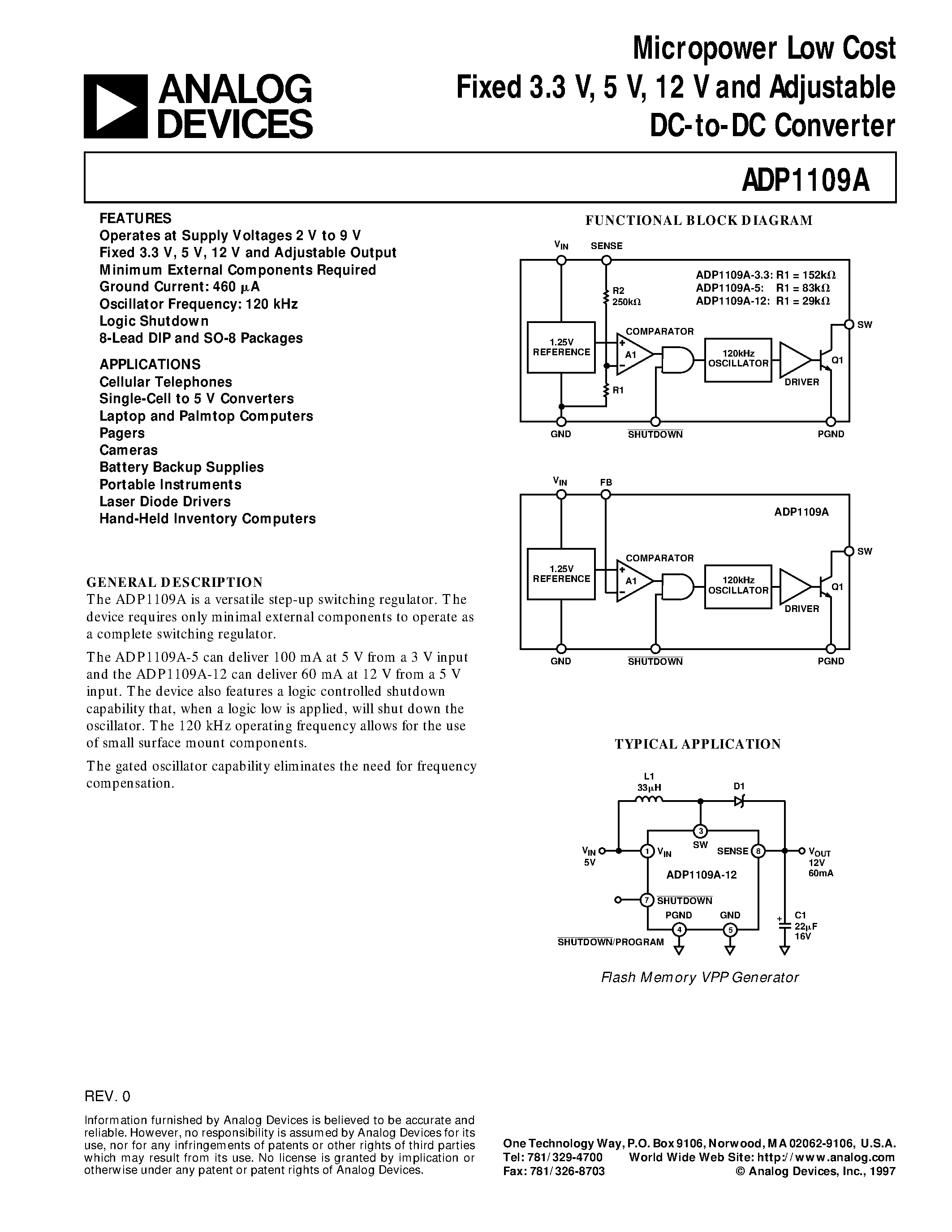 Datasheet ADP1109AAR page 1 Datasheet ADP1109AAR - Micropower Low Cost Fixed 3.3 V/ 5 V/ 12 V and Adjustable DC-to-DC Converter page 1