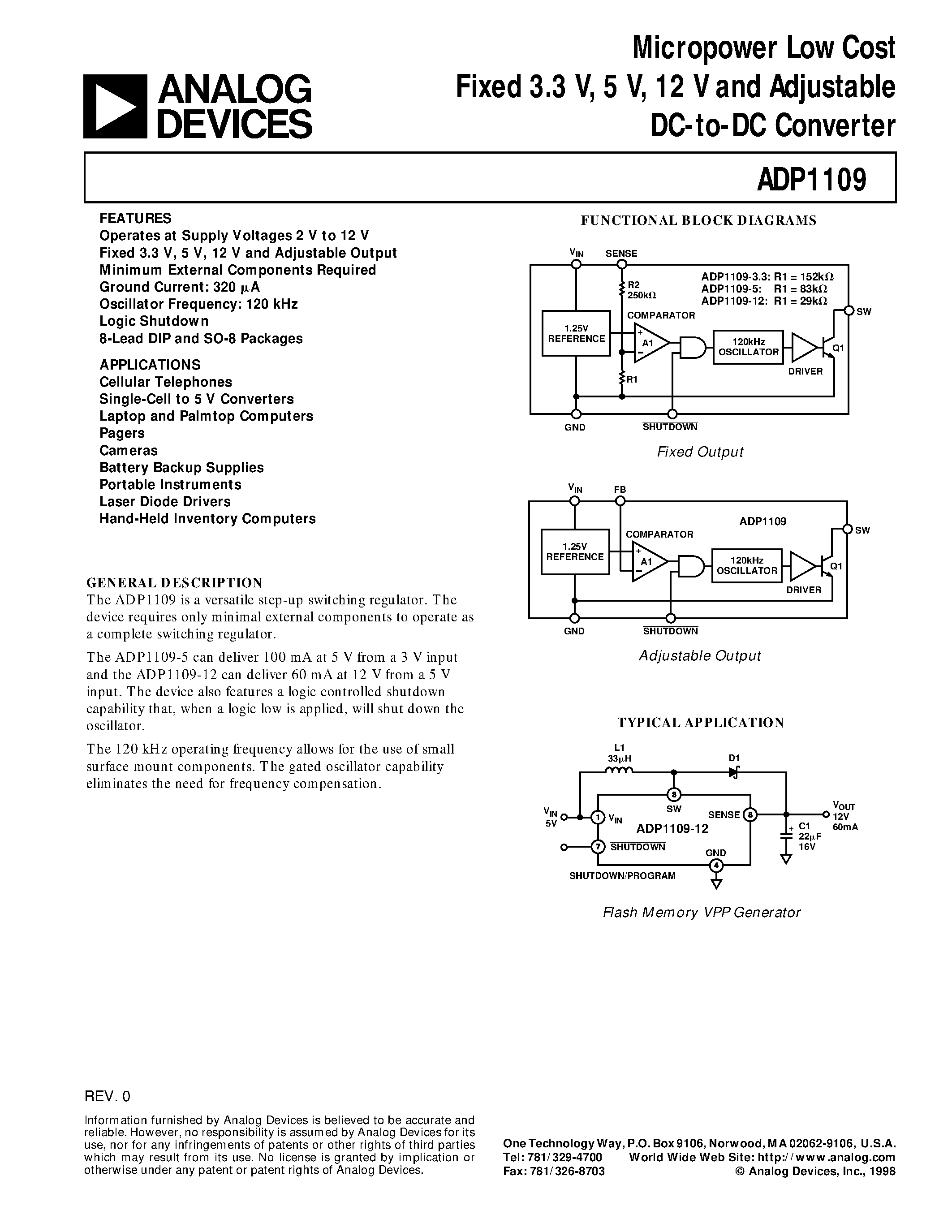 Datasheet ADP1109AR page 1 Datasheet ADP1109AR - Micropower Low Cost Fixed 3.3 V/ 5 V/ 12 V and Adjustable DC-to-DC Converter page 1