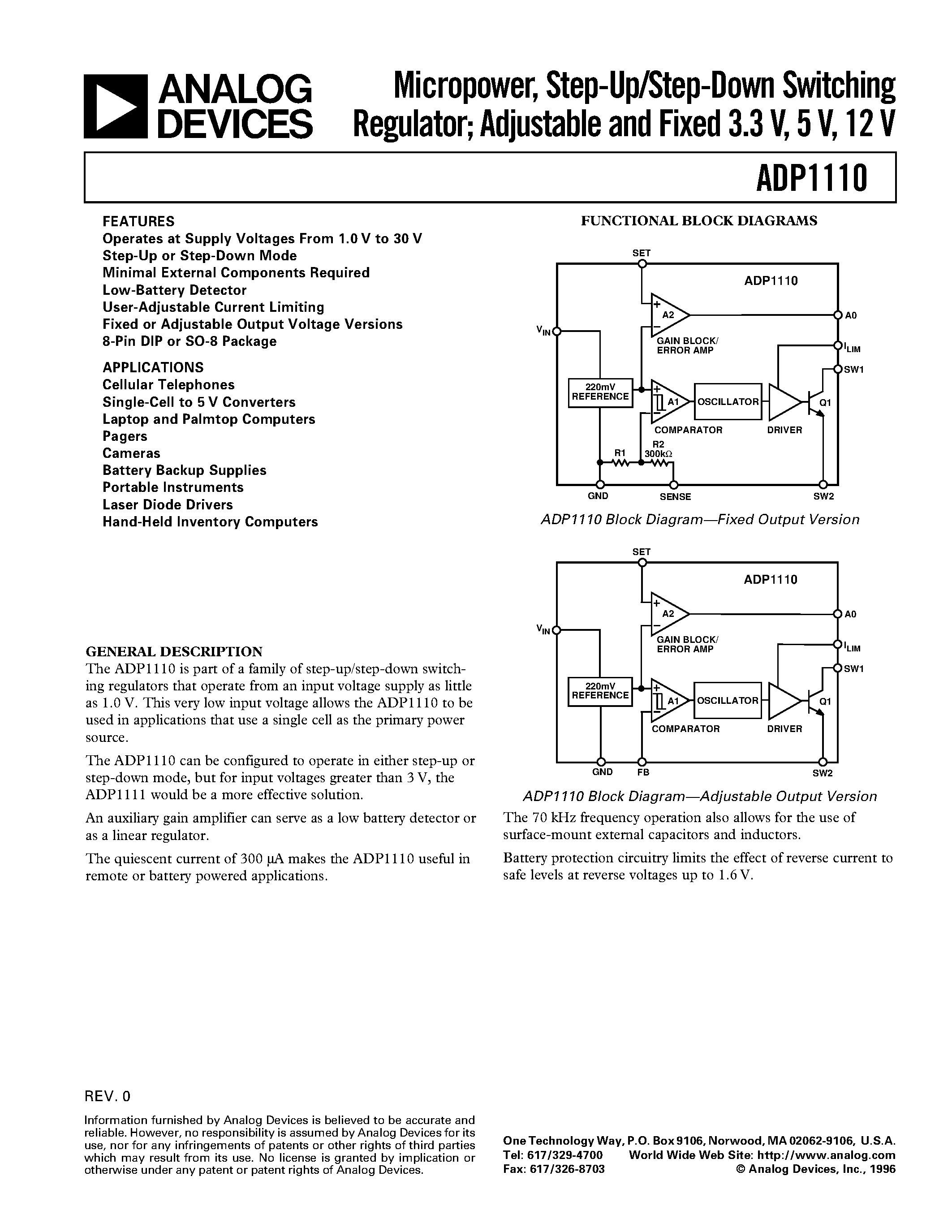 Datasheet ADP1110AN-12 page 1 Datasheet ADP1110AN-12 - Micropower/ Step-Up/Step-Down Switching Regulator; Adjustable and Fixed 3.3 V/ 5 V/ 12 V page 1
