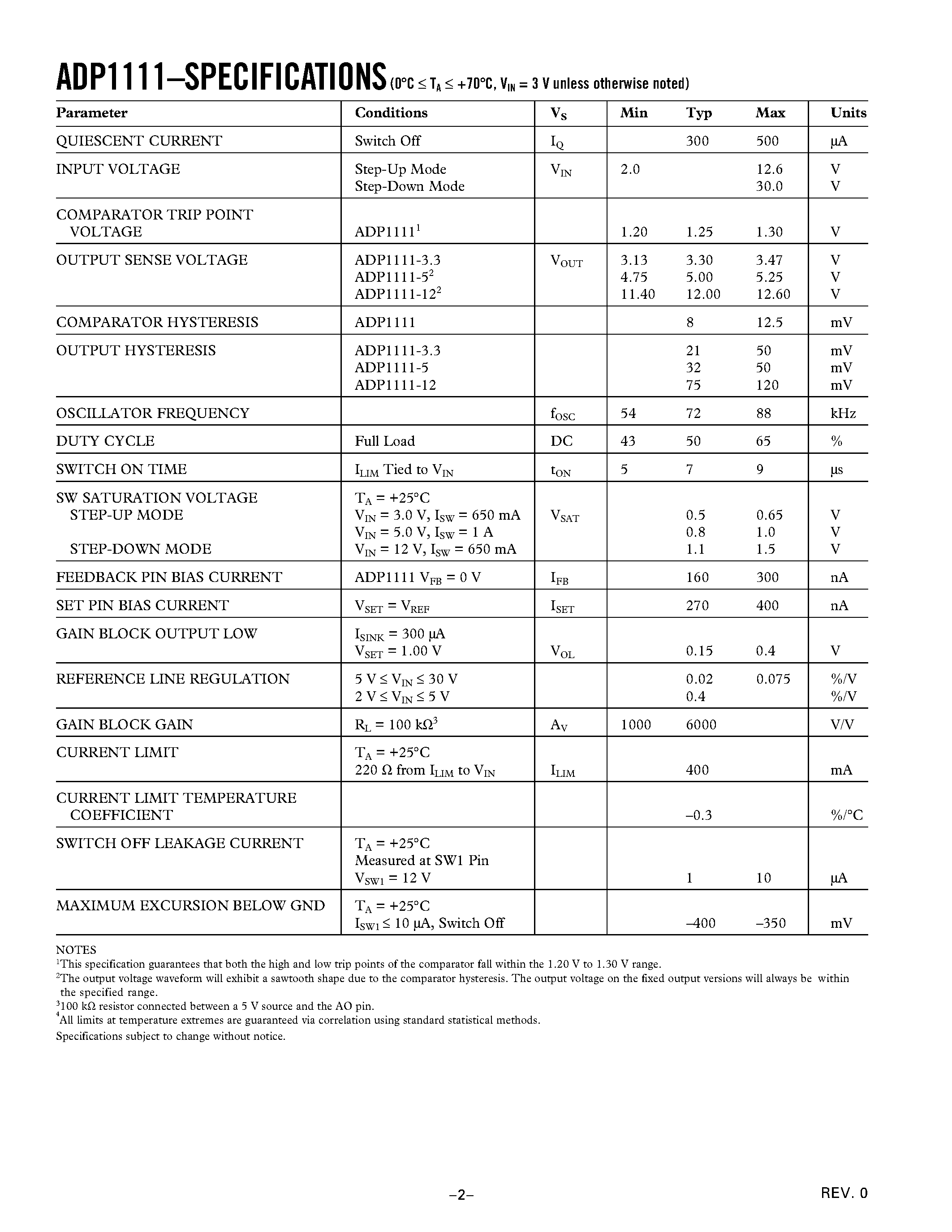 Datasheet ADP1111 - Micropower/ Step-Up/Step-Down SW Regulator; Adjustable and Fixed 3.3 V/ 5 V/ 12 V page 2