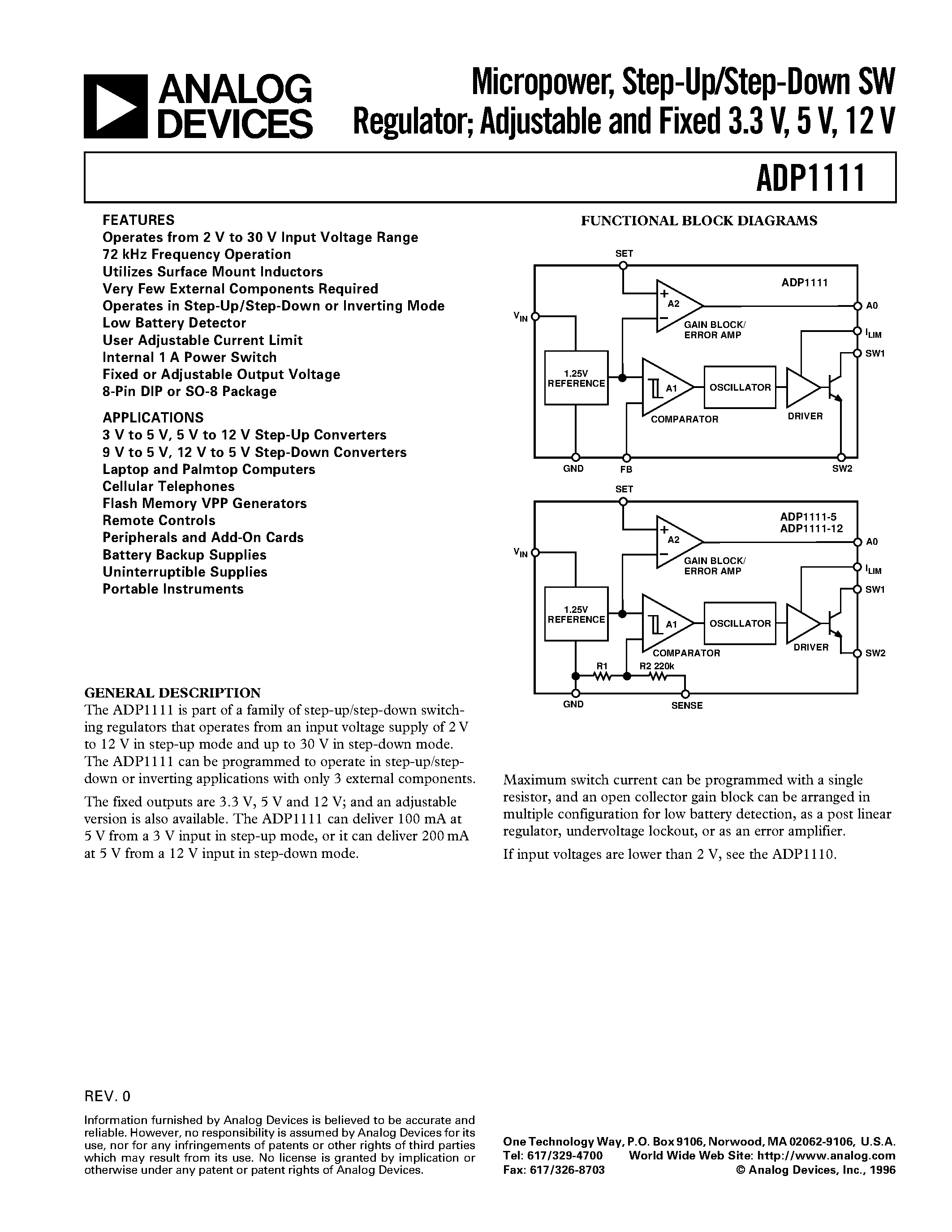 Datasheet ADP1111AN - Micropower/ Step-Up/Step-Down SW Regulator; Adjustable and Fixed 3.3 V/ 5 V/ 12 V page 1