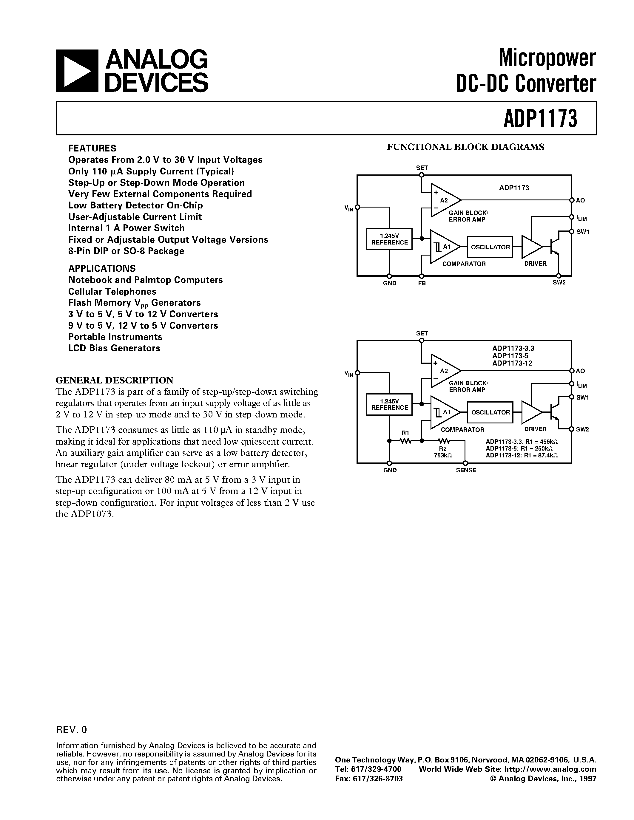 Datasheet ADP1173AR-5 - Micropower DC-DC Converter page 1