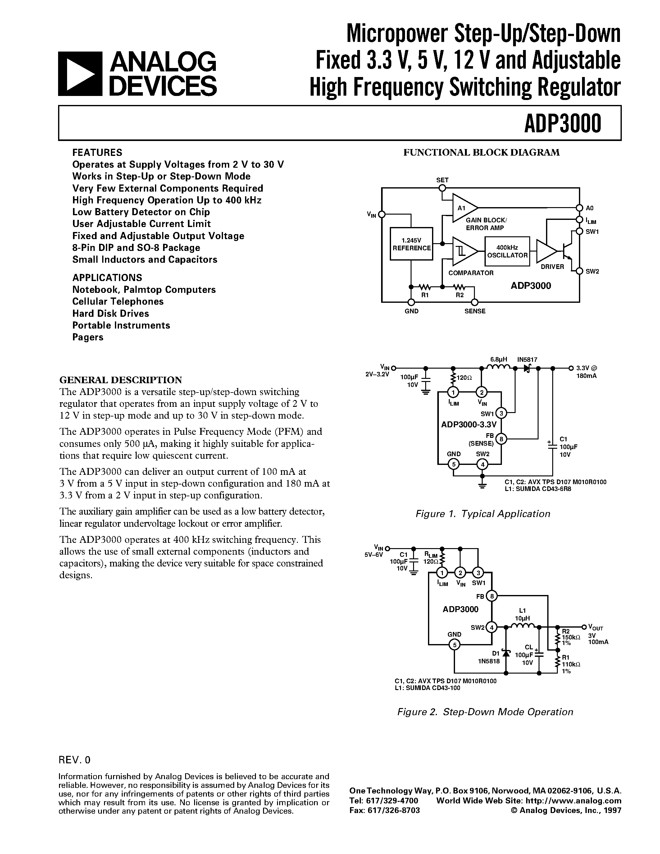 Datasheet ADP3000AN-33 - Micropower Step-Up/Step-Down Fixed 3.3 V/ 5 V/ 12 V and Adjustable High Frequency Switching Regulator page 1
