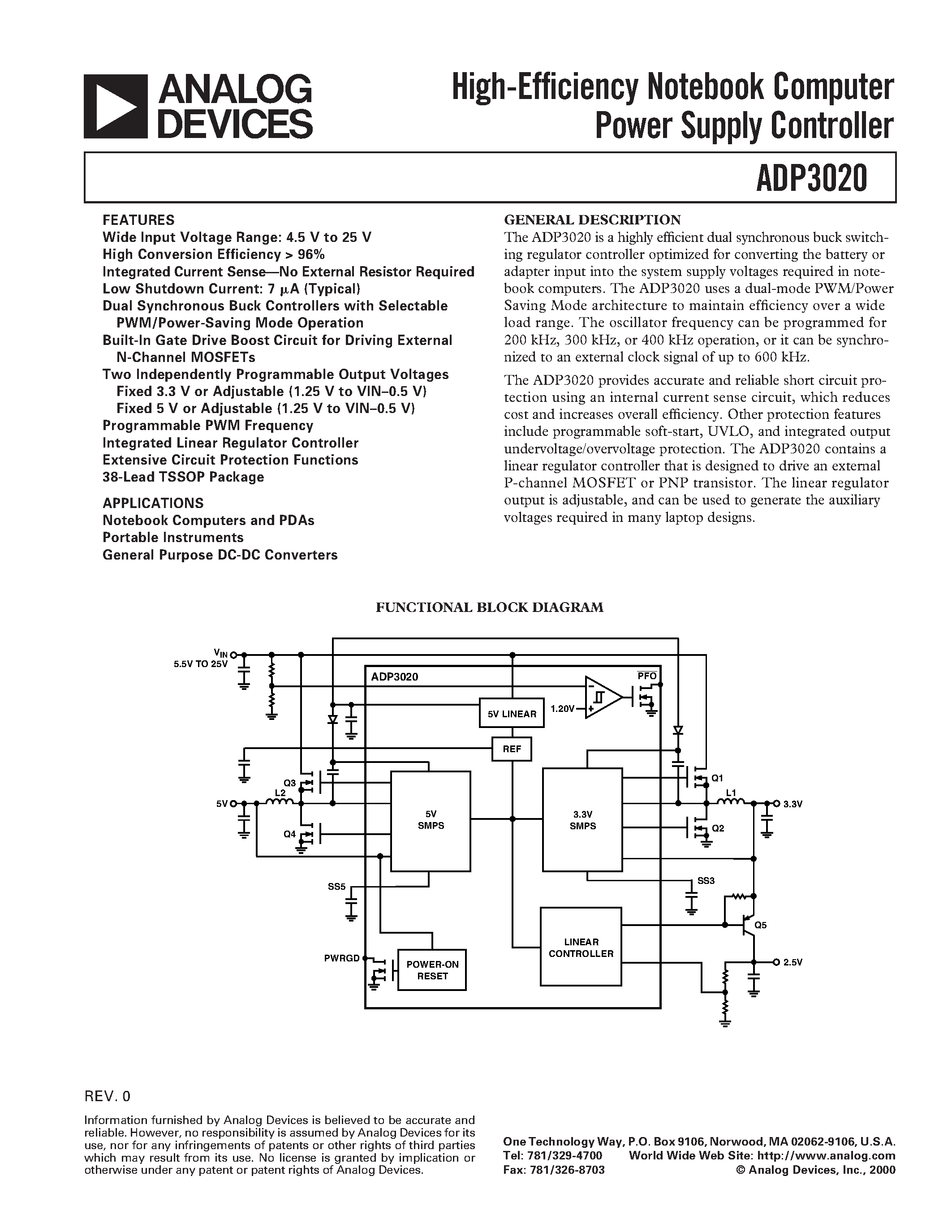 Datasheet ADP3020ARU - High-Efficiency Notebook Computer Power Supply Controller page 1