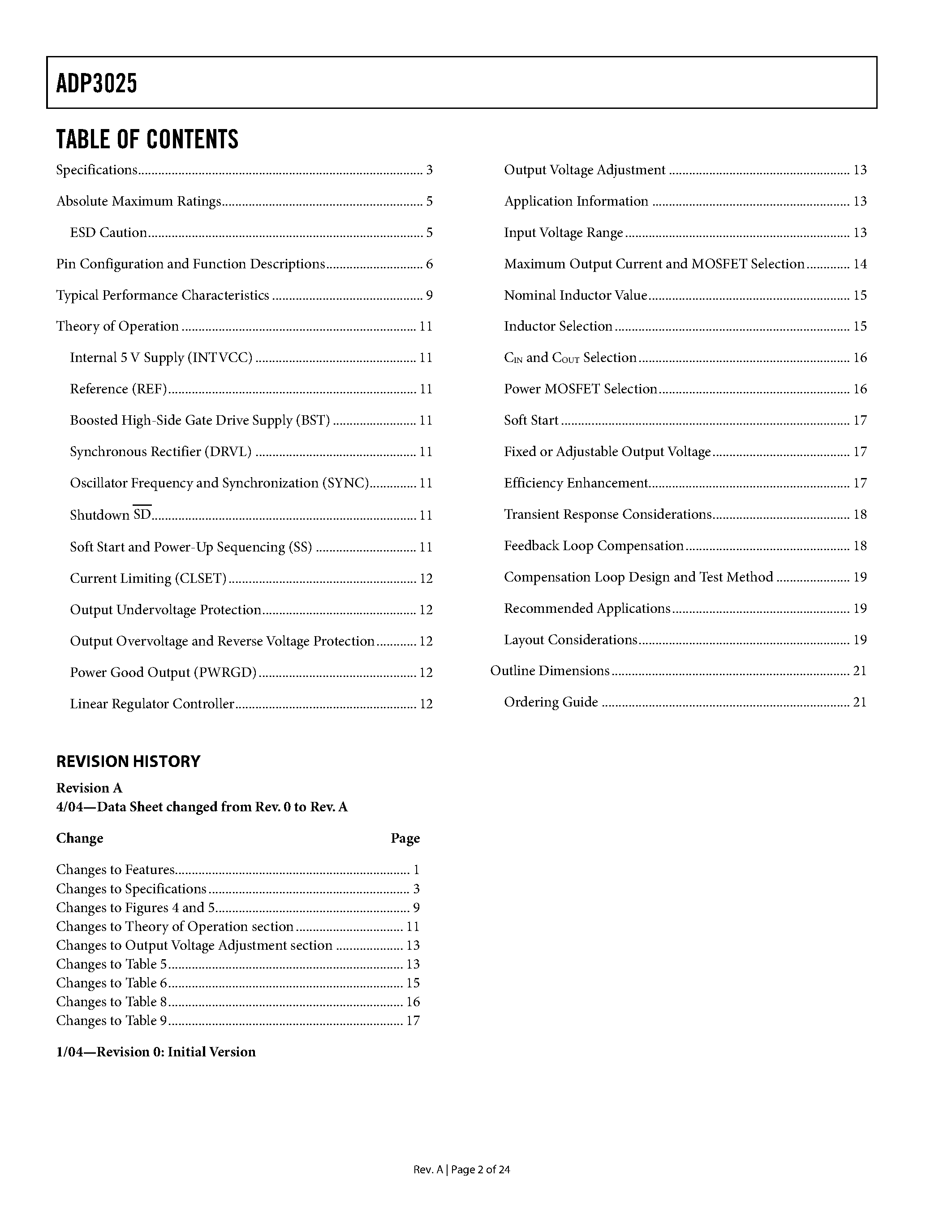 Datasheet ADP3025 page 2 Datasheet ADP3025 - High Efficiency Dual Output Power Supply Controller page 2
