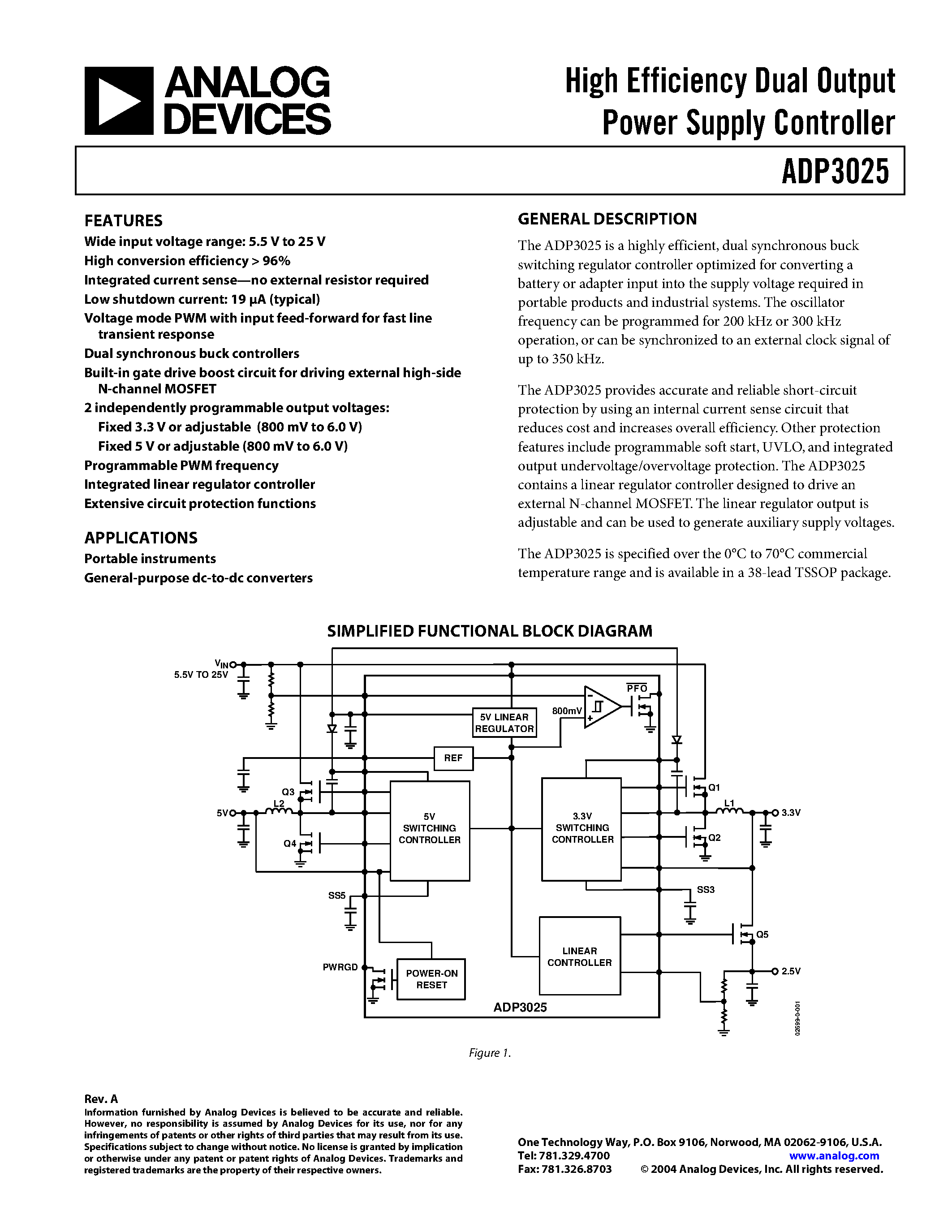 Datasheet ADP3025JRU-REEL - High Efficiency Dual Output Power Supply Controller page 1