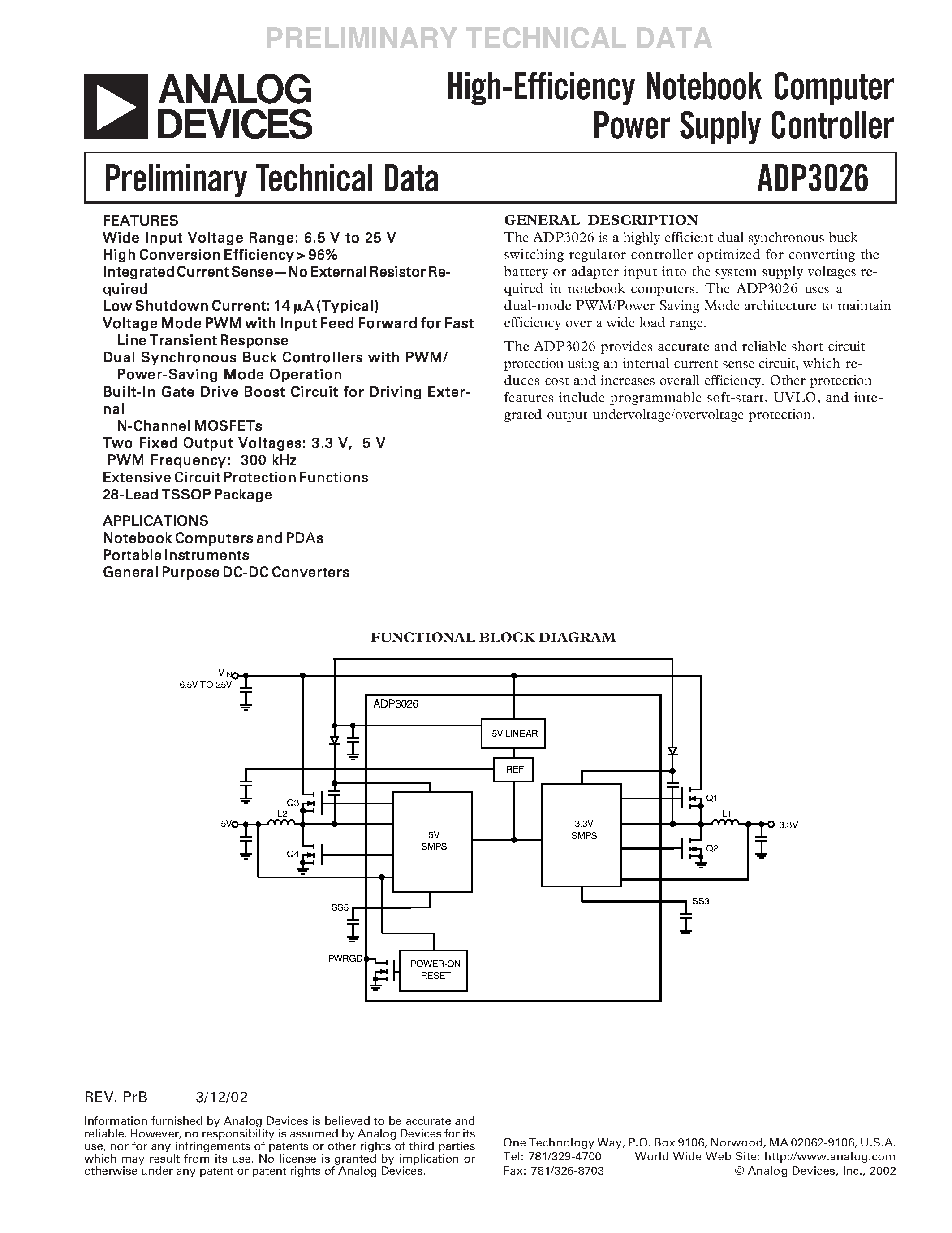 Datasheet ADP3026ARU - High-Efficiency Notebook Computer Power Supply Controller page 1