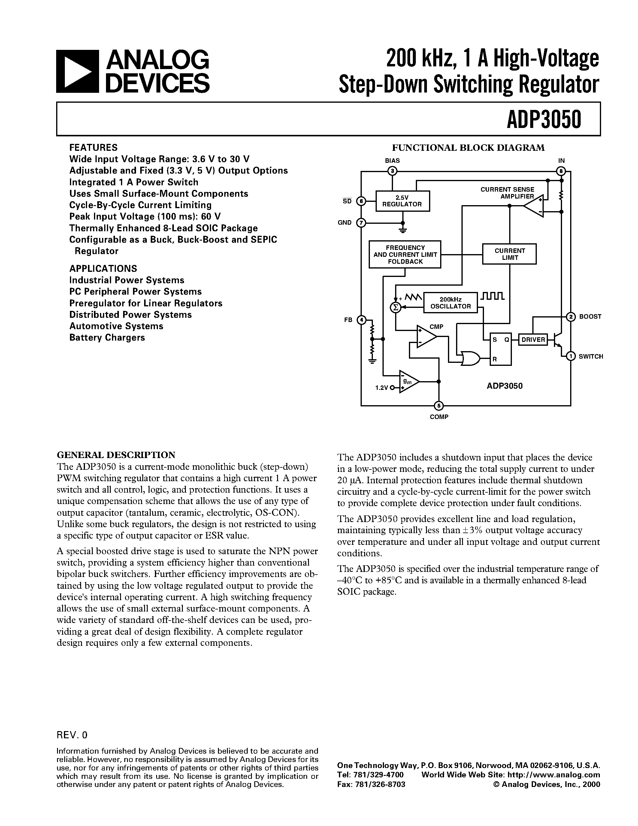 Datasheet ADP3050AR-33 page 1 Datasheet ADP3050AR-33 - 200 kHz/ 1 A High-Voltage Step-Down Switching Regulator page 1
