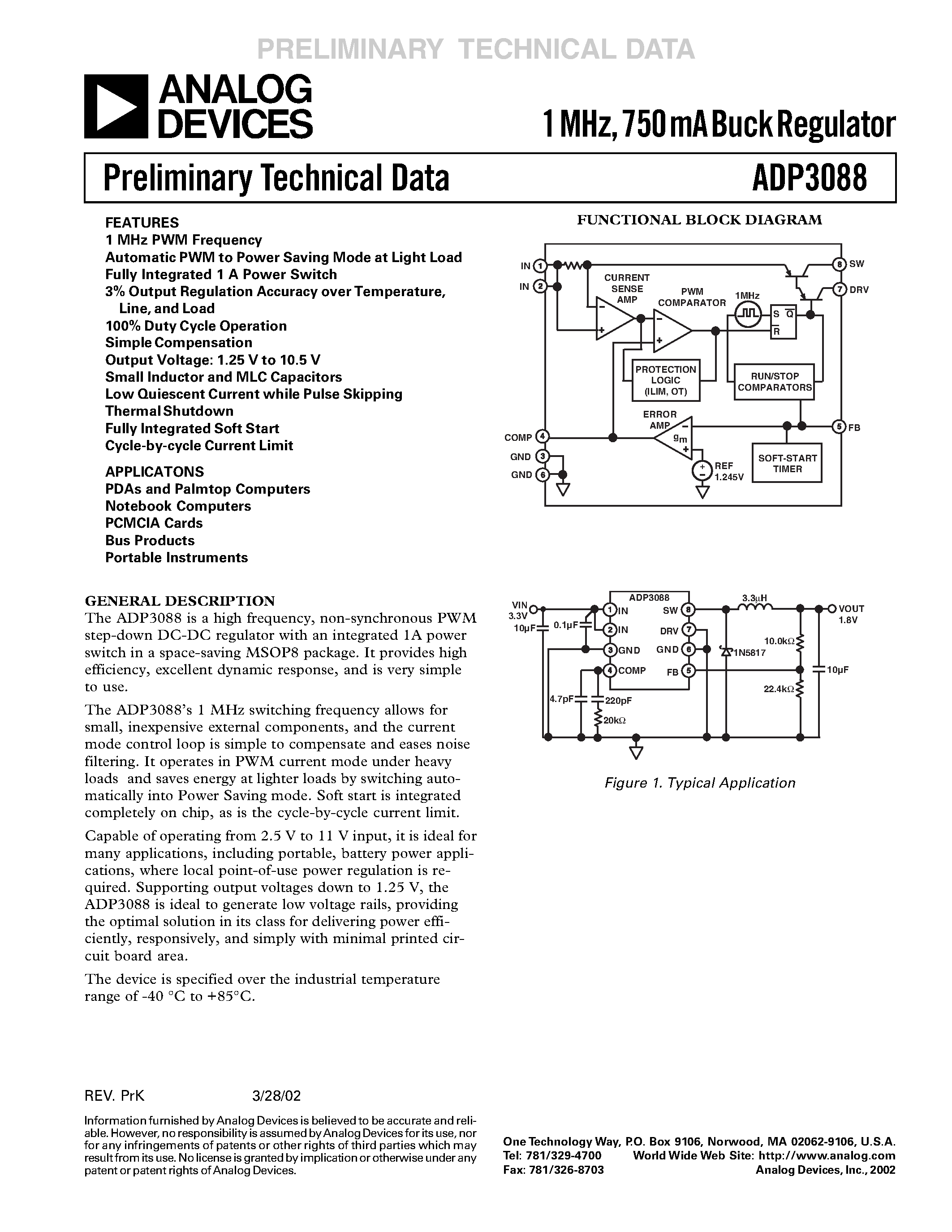 Datasheet ADP3088 - 1 MHz/ 750 mA Buck Regulator page 1