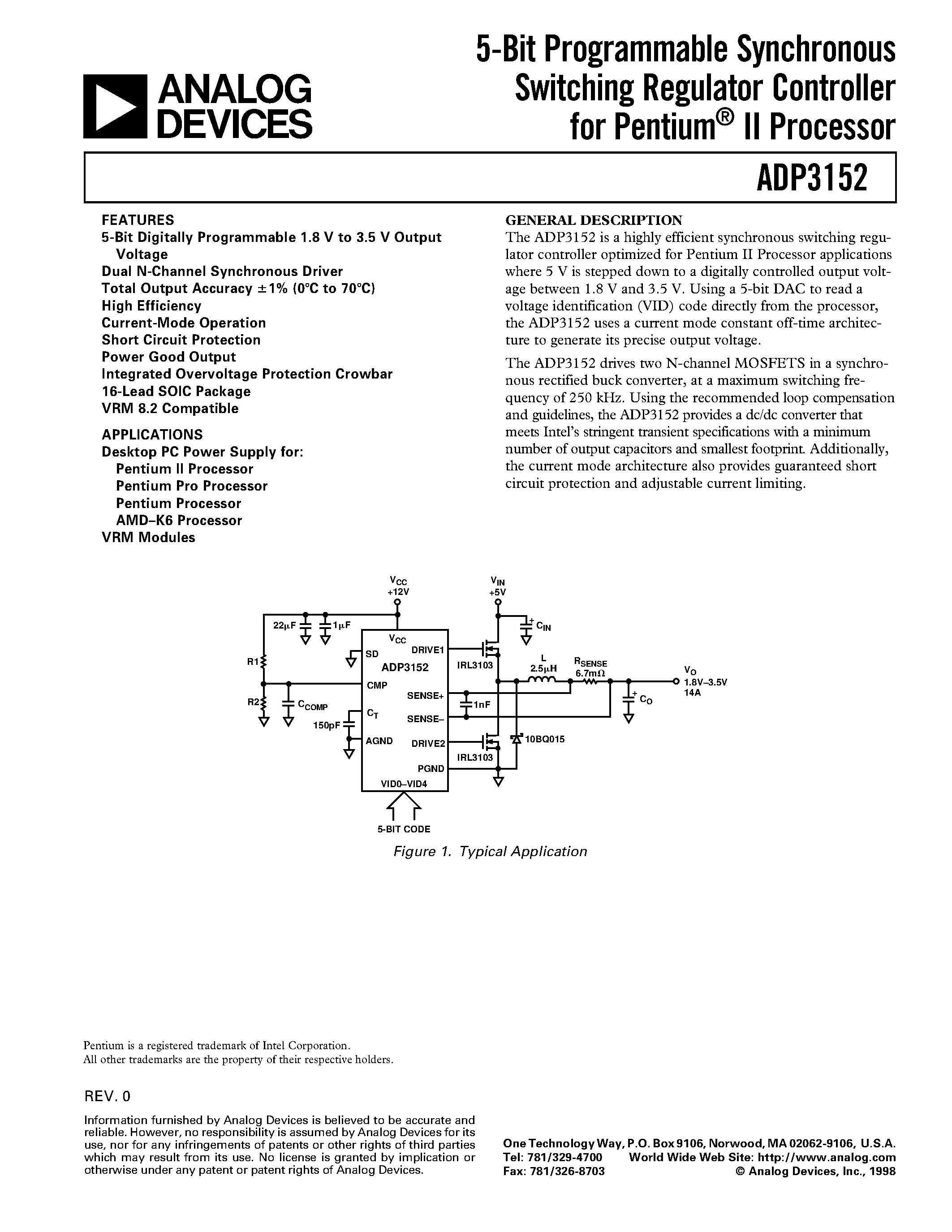 Datasheet ADP3152 - 5-Bit Programmable Synchronous Switching Regulator Controller for Pentium II Processor page 1