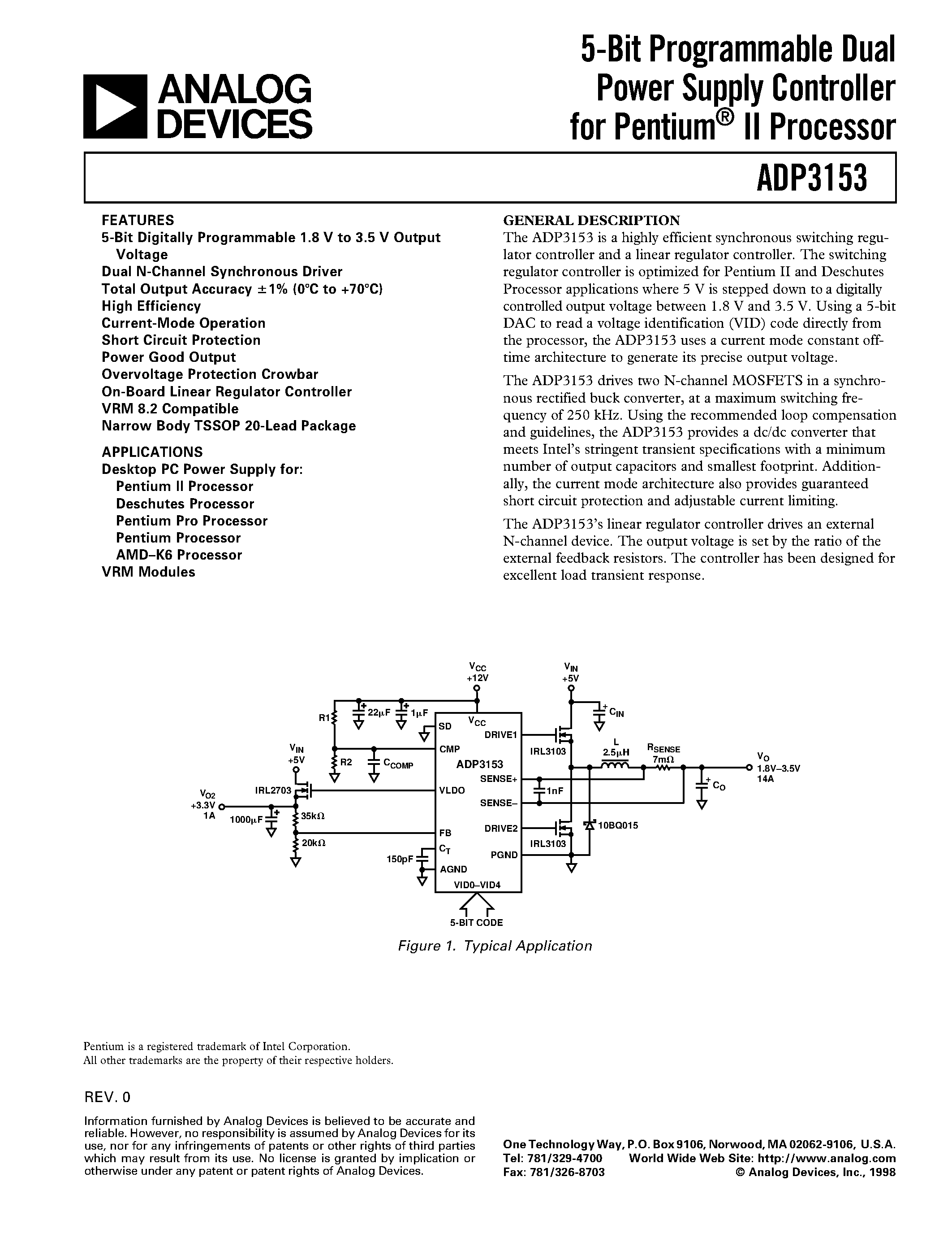 Datasheet ADP3153 - 5-Bit Programmable Dual Power Supply Controller for Pentium II Processor page 1