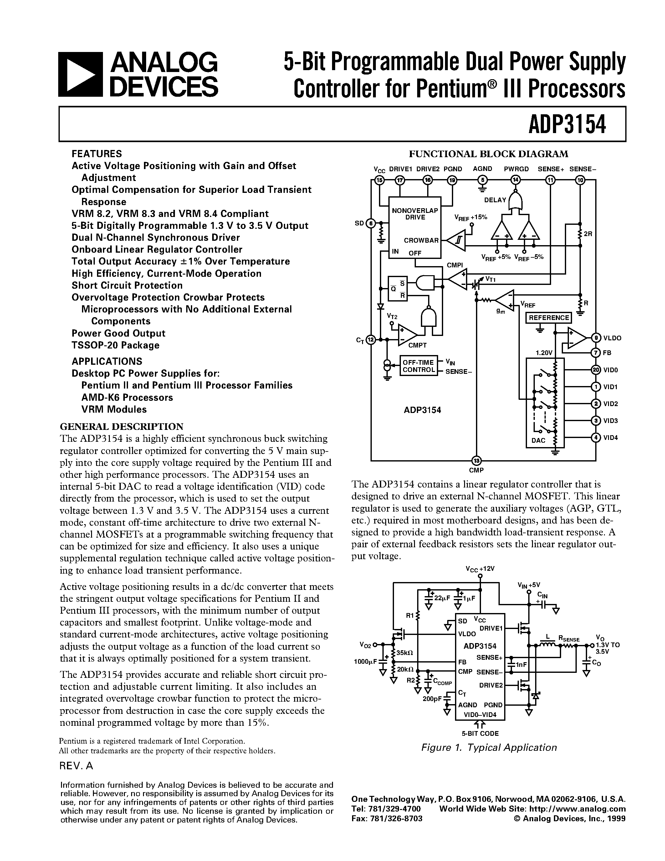 Datasheet ADP3154 - 5-Bit Programmable Dual Power Supply Controller for Pentium III Processors page 1