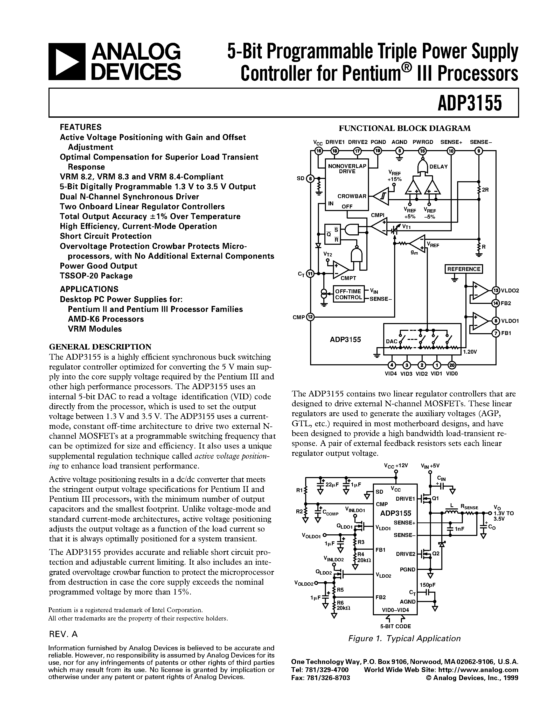 Datasheet ADP3155 - 5-Bit Programmable Triple Power Supply Controller for Pentium III Processors page 1