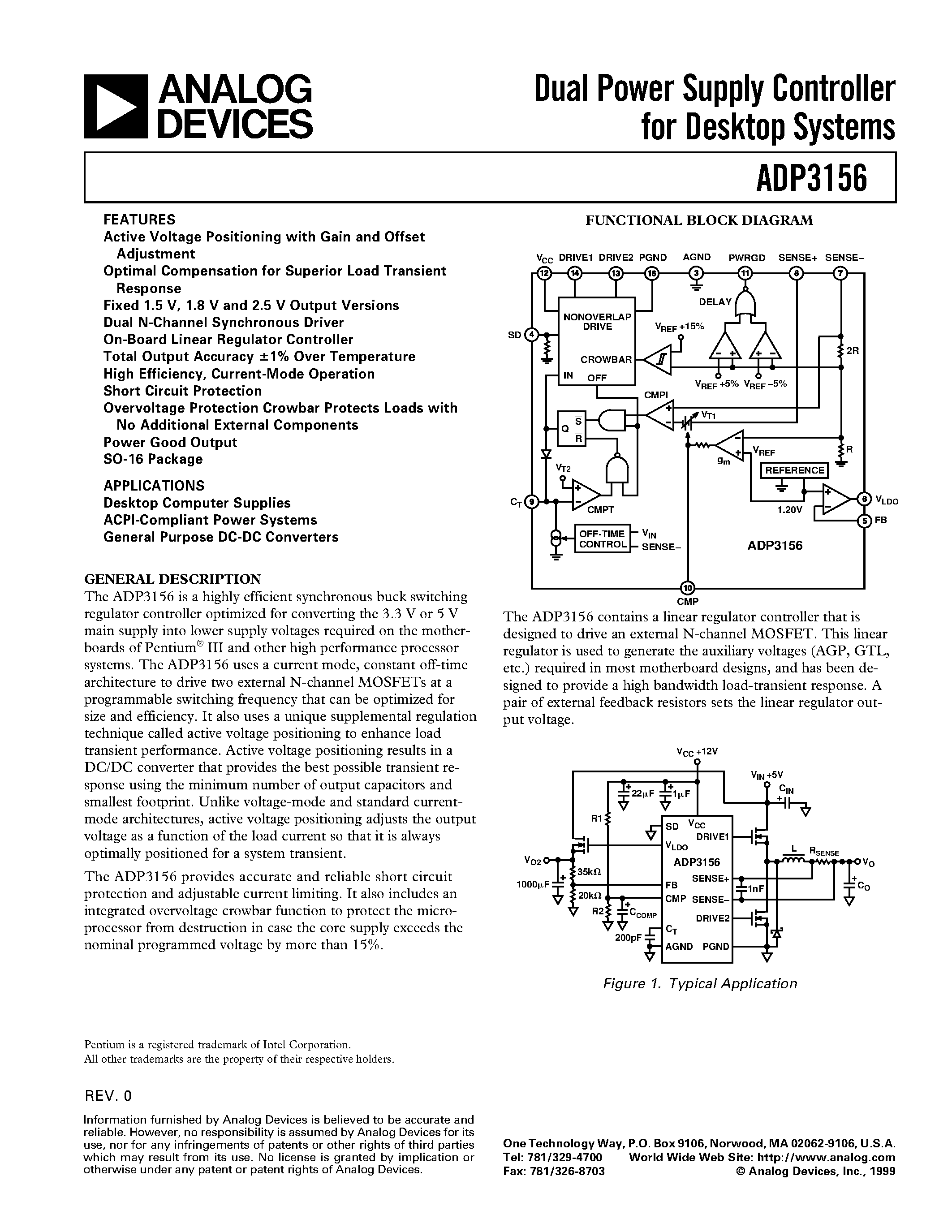 Datasheet ADP3156 page 1 Datasheet ADP3156 - Dual Power Supply Controller for Desktop Systems page 1