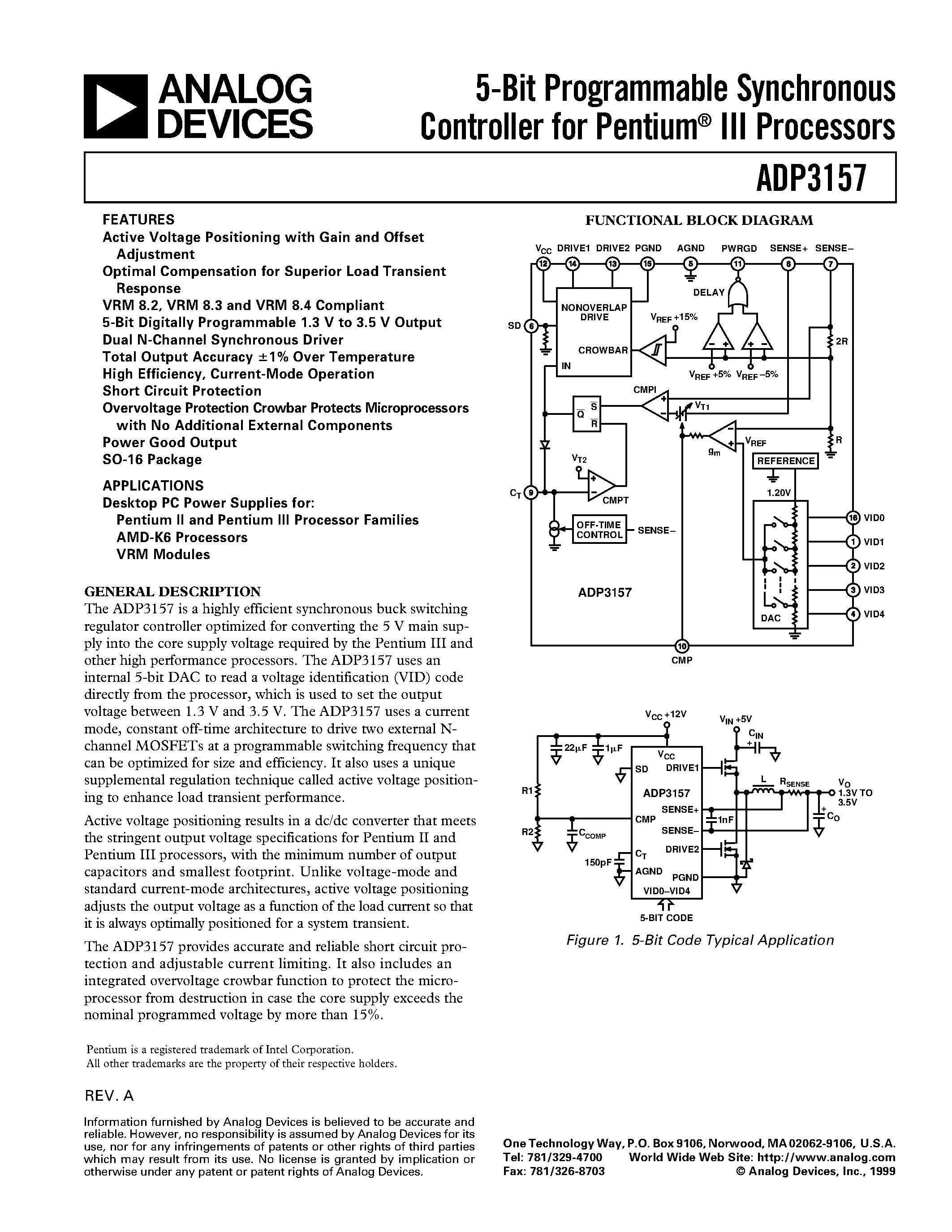 Datasheet ADP3157JR - 5-Bit Programmable Synchronous Controller for Pentium III Processors page 1