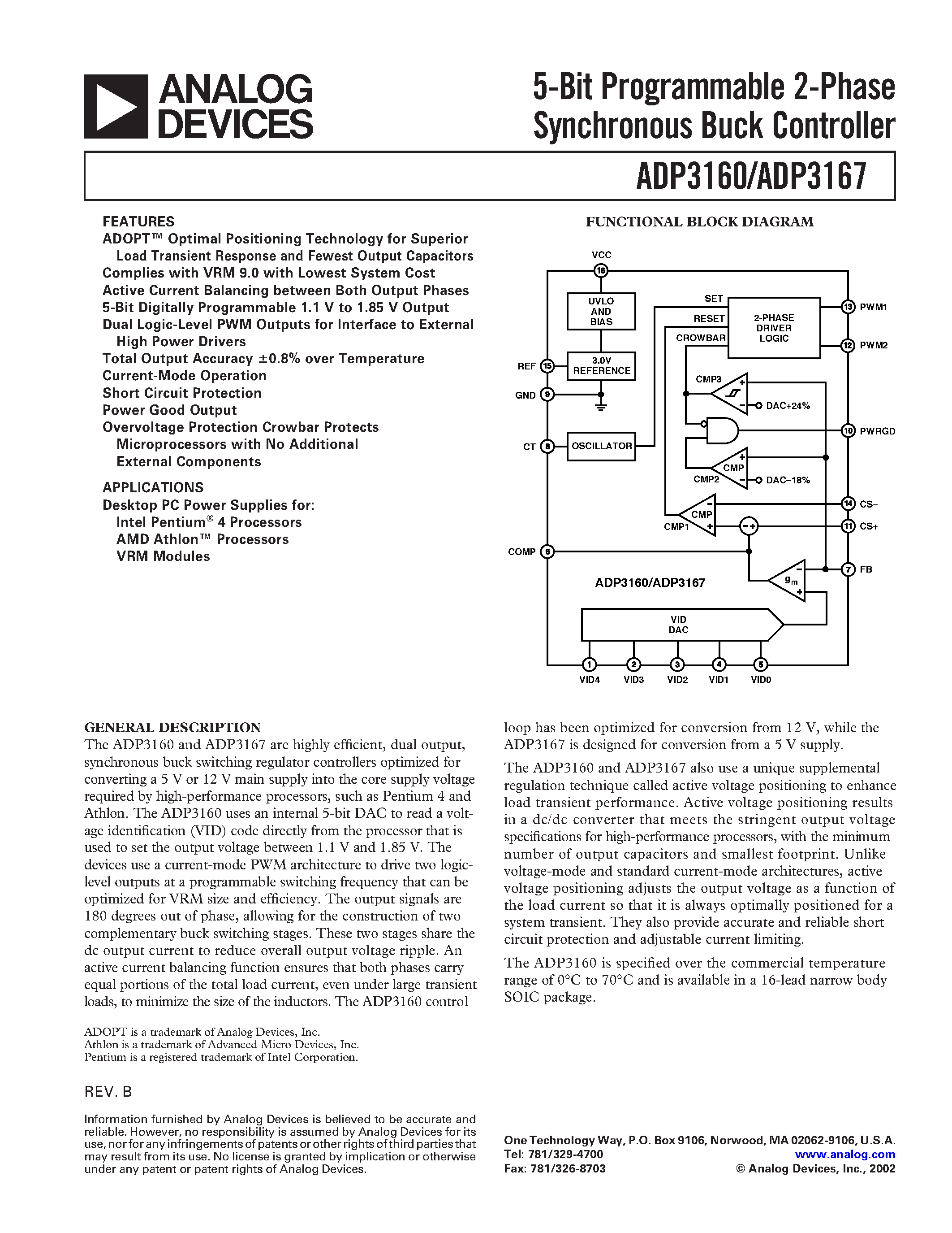 Datasheet ADP3160 - 5-Bit Programmable 2-Phase Synchronous Buck Controller page 1