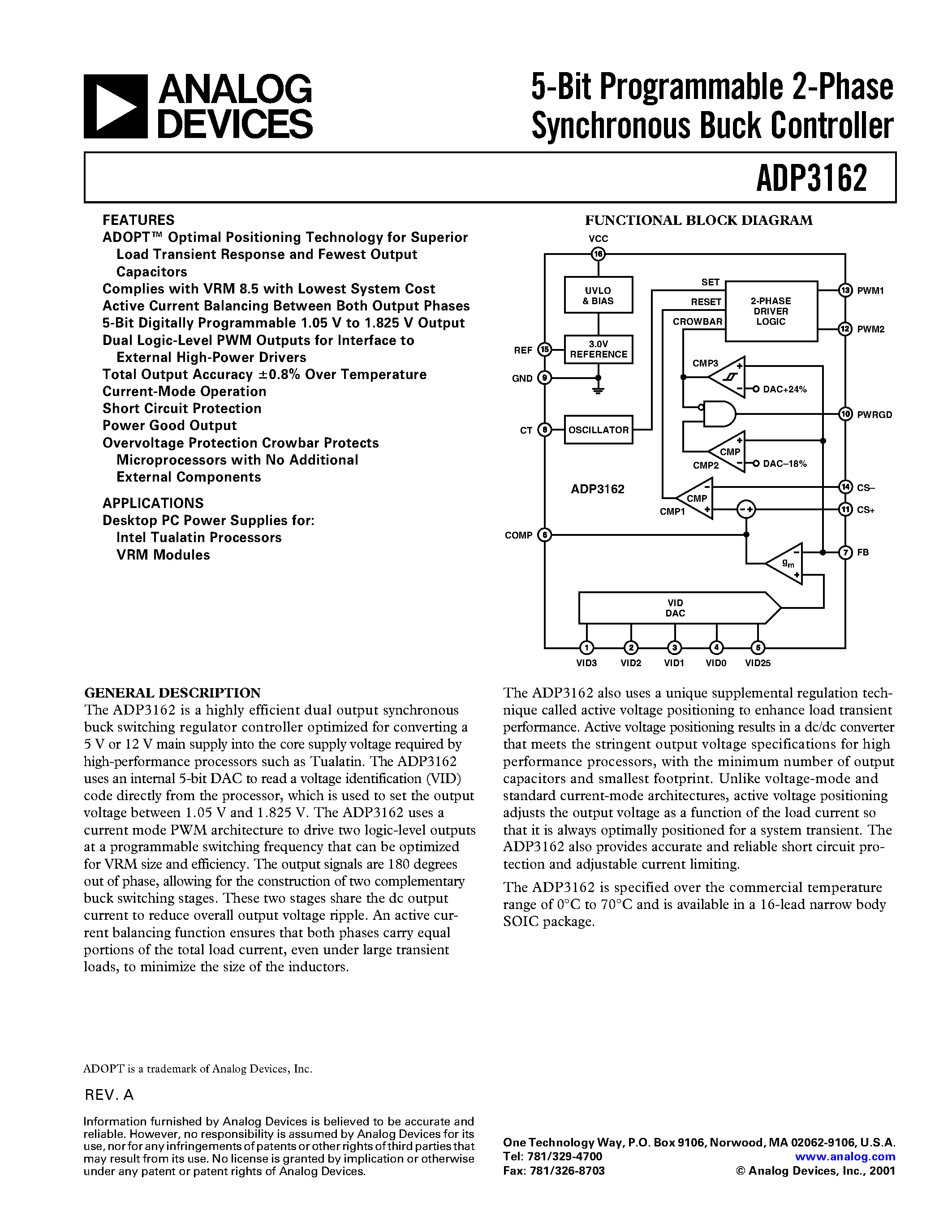 Datasheet ADP3162 - 5-Bit Programmable 2-Phase Synchronous Buck Controller page 1