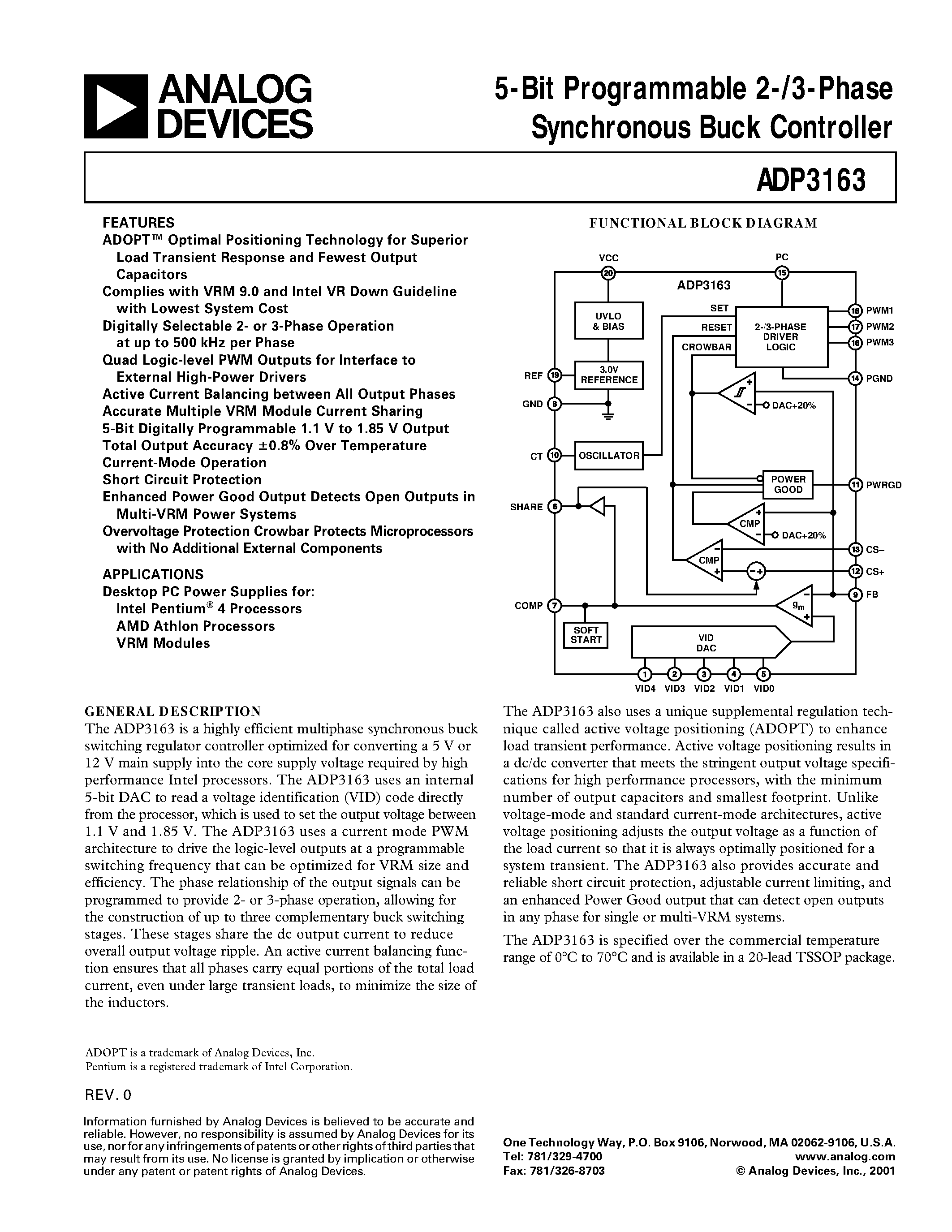 Datasheet ADP3163JRU - 5-Bit Programmable 2-/3-Phase Synchronous Buck Controller page 1