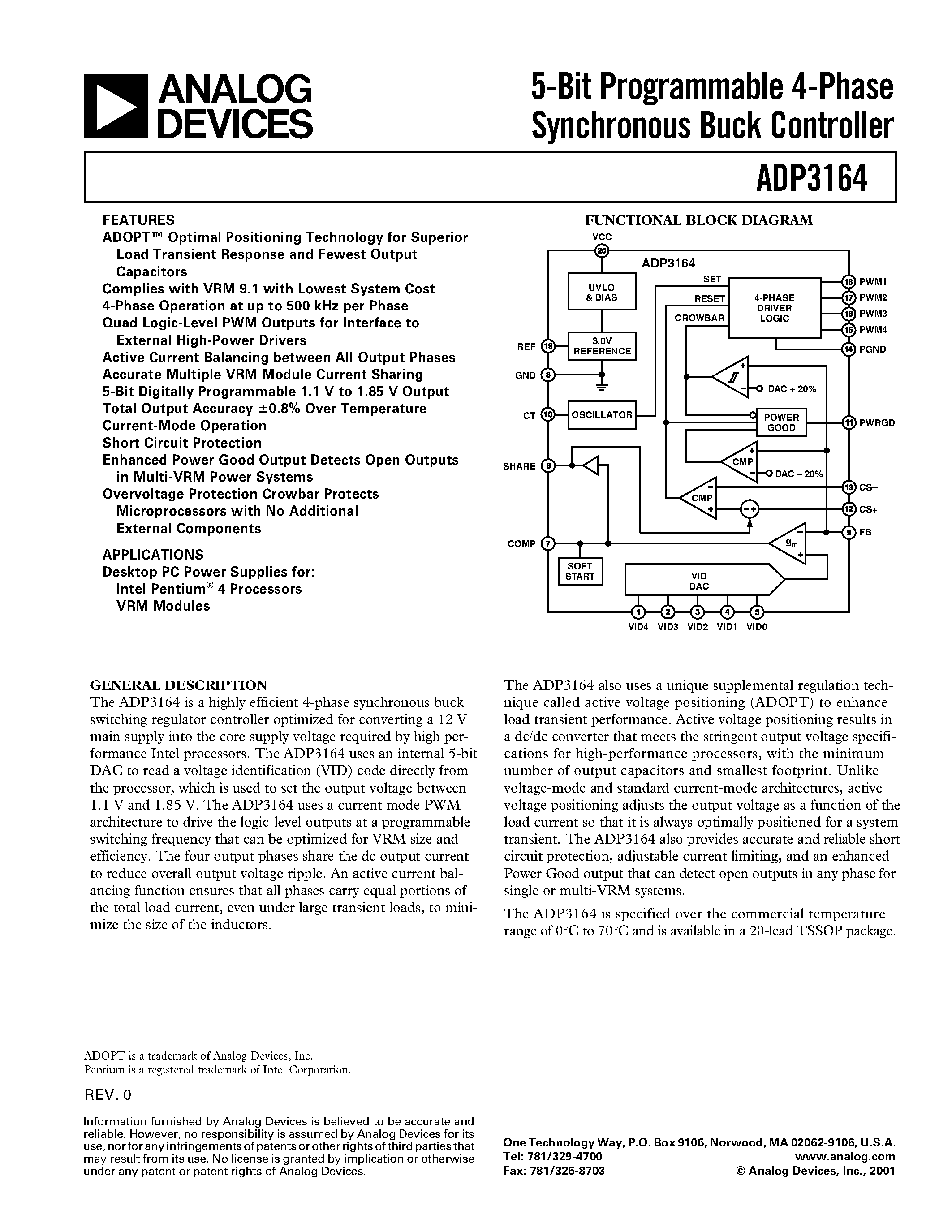 Datasheet ADP3164JRU - 5-Bit Programmable 4-Phase Synchronous Buck Controller page 1