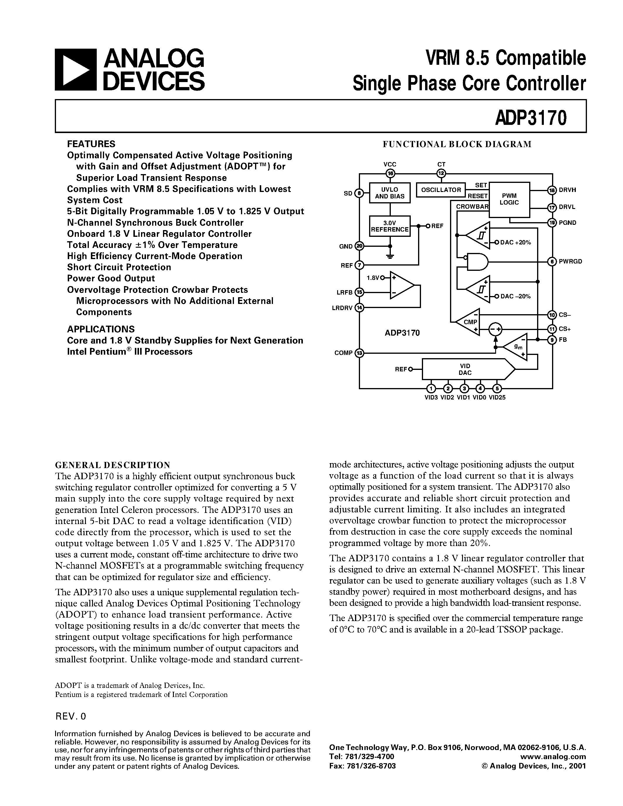 Datasheet ADP3170JRU - VRM 8.5 Compatible Single Phase Core Controller page 1
