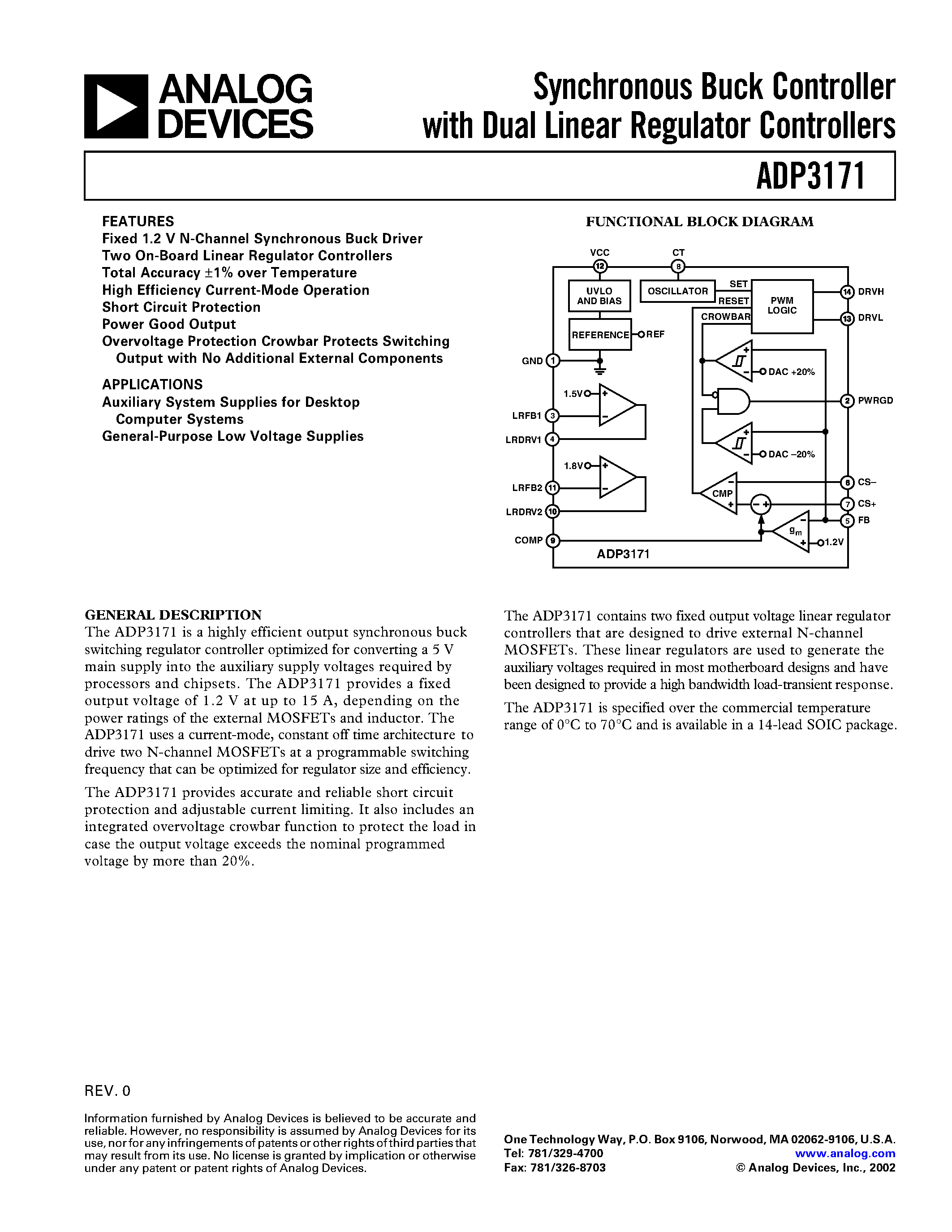 Datasheet ADP3171 - Synchronous Buck Controller with Dual Linear Regulator Controllers page 1