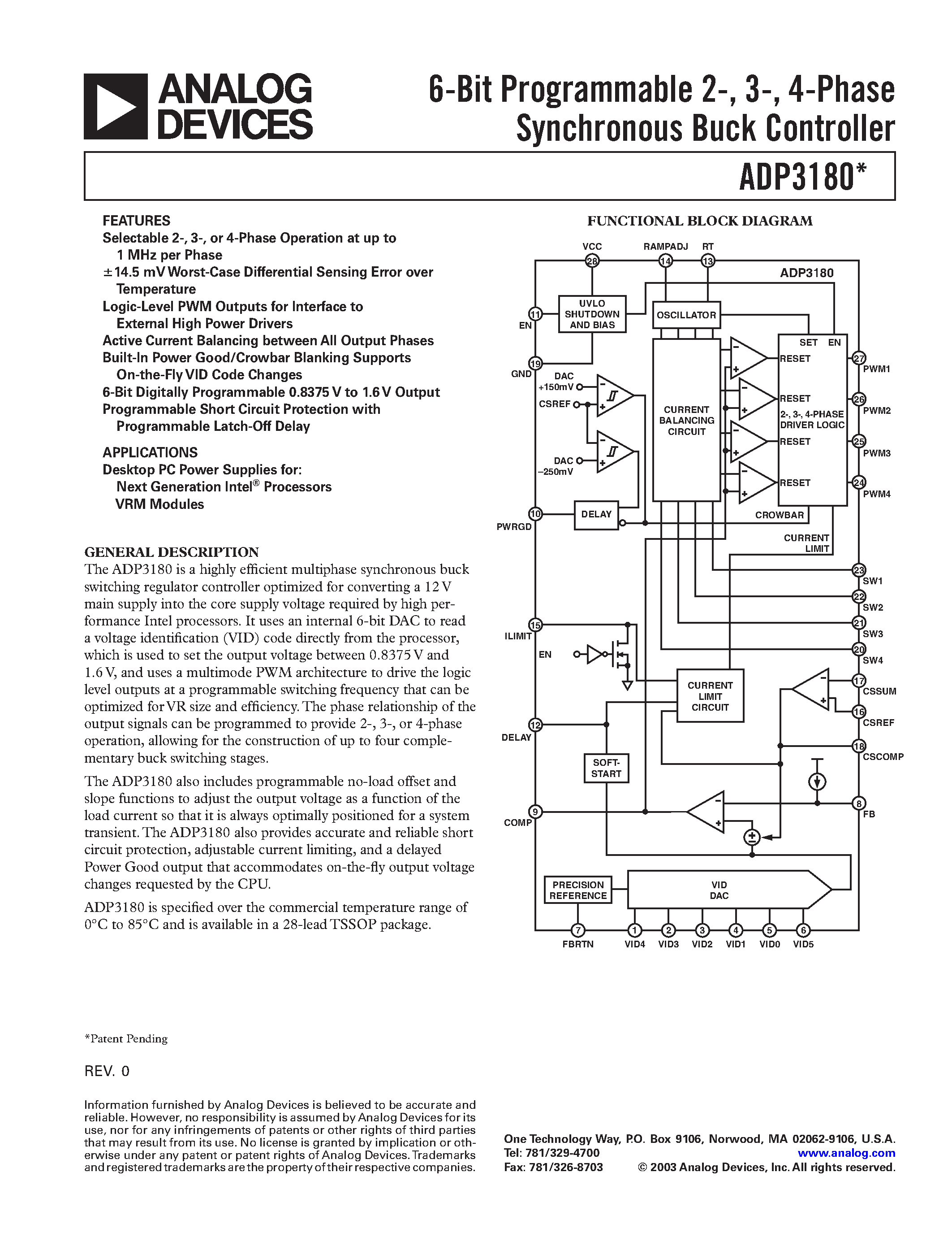 Datasheet ADP3180JRU-REEL - 6-Bit Programmable 2-/ 3-/ 4-Phase Synchronous Buck Controller page 1