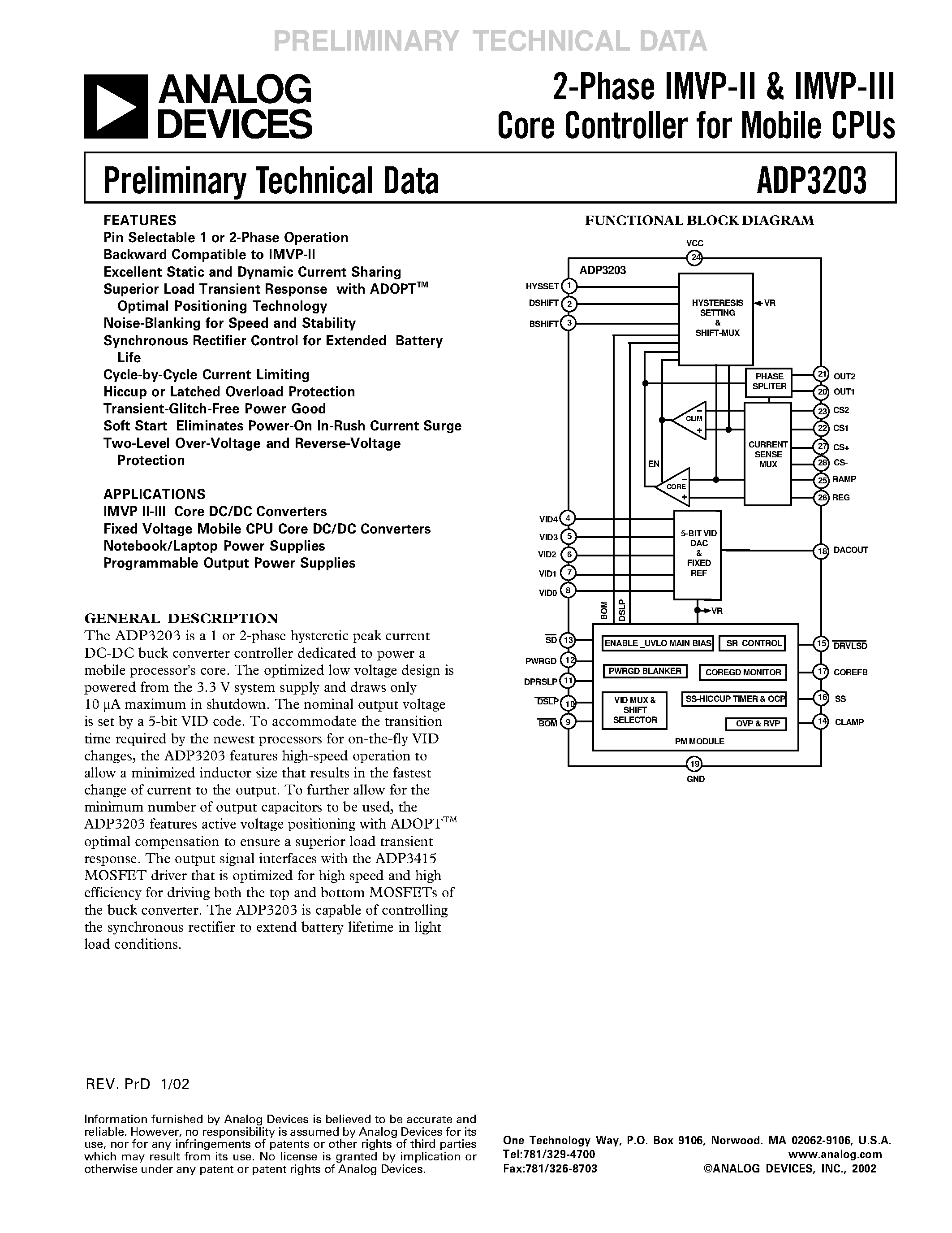 Datasheet ADP3203JRU-10-RL - 2-Phase IMVP-II & IMVP-III Core Controller for Mobile CPUs page 1