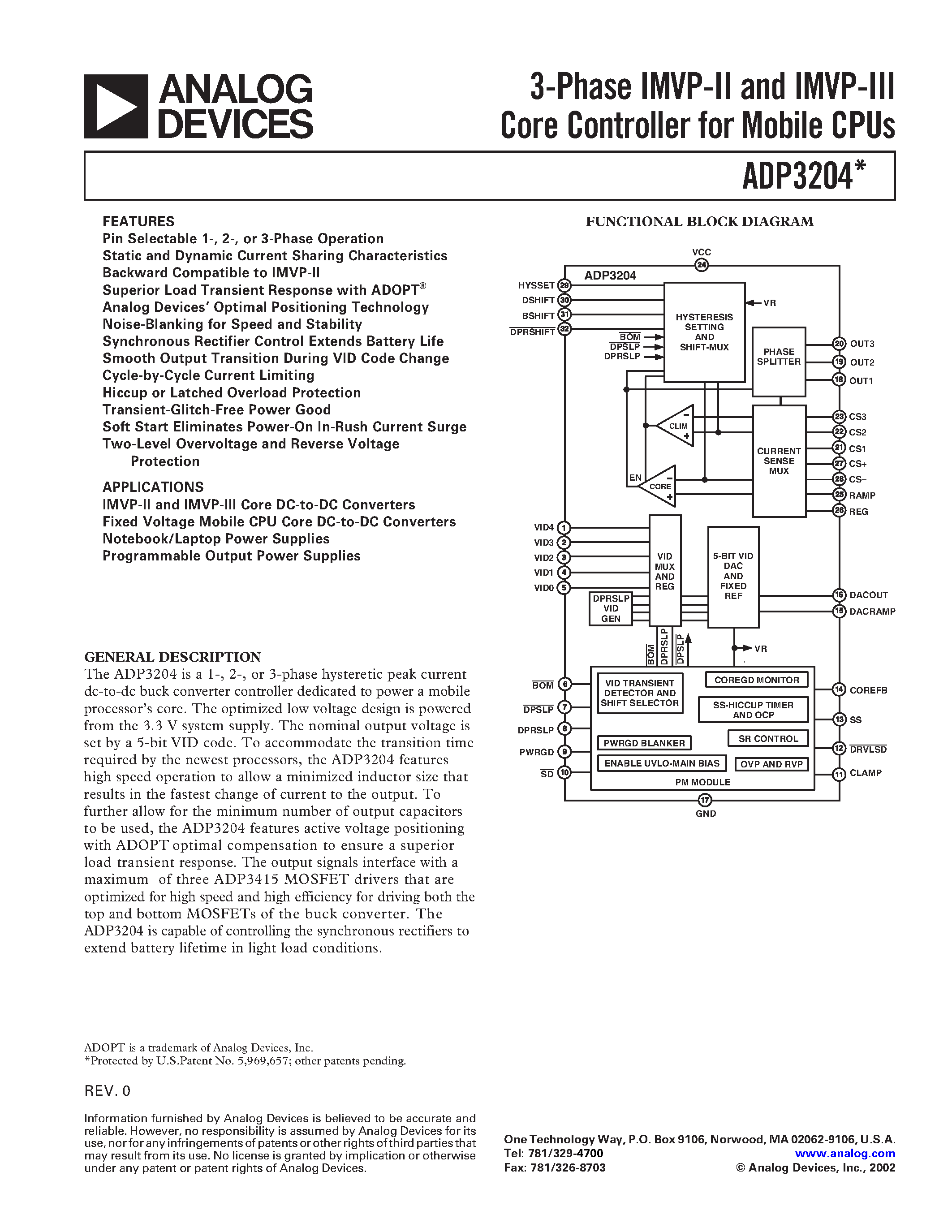 Datasheet ADP3204 - 3-Phase IMVP-II and IMVP-III Core Controller for Mobile CPUs page 1