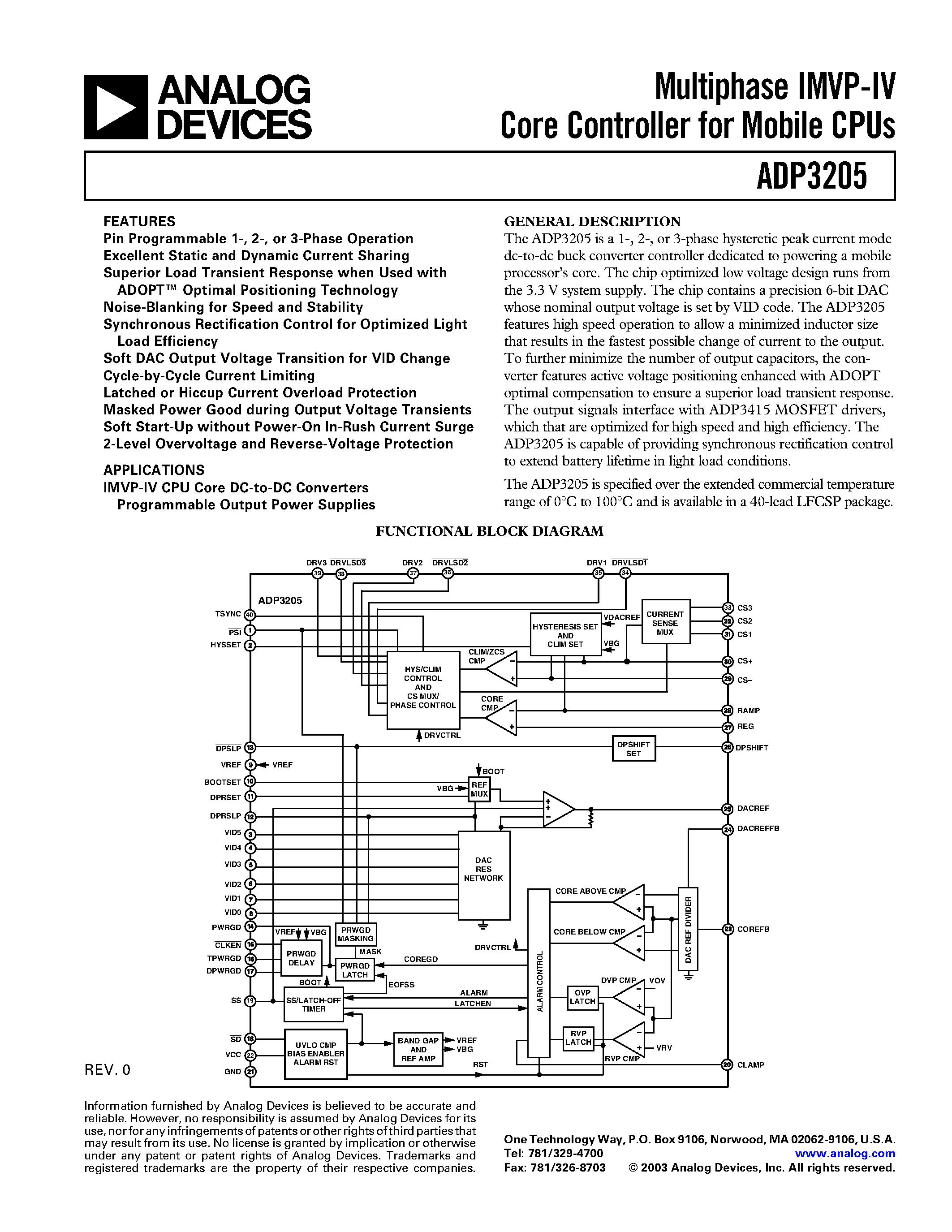 Datasheet ADP3205 - Multiphase IMVP-IV Core Controller for Mobile CPUs page 1