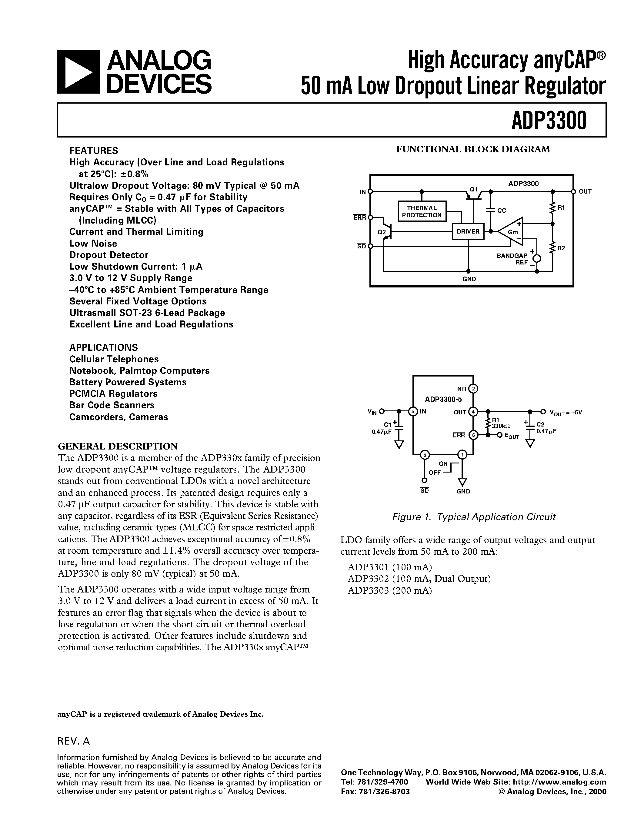 Datasheet ADP3300ART-5 - High Accuracy anyCAP 50 mA Low Dropout Linear Regulator page 1
