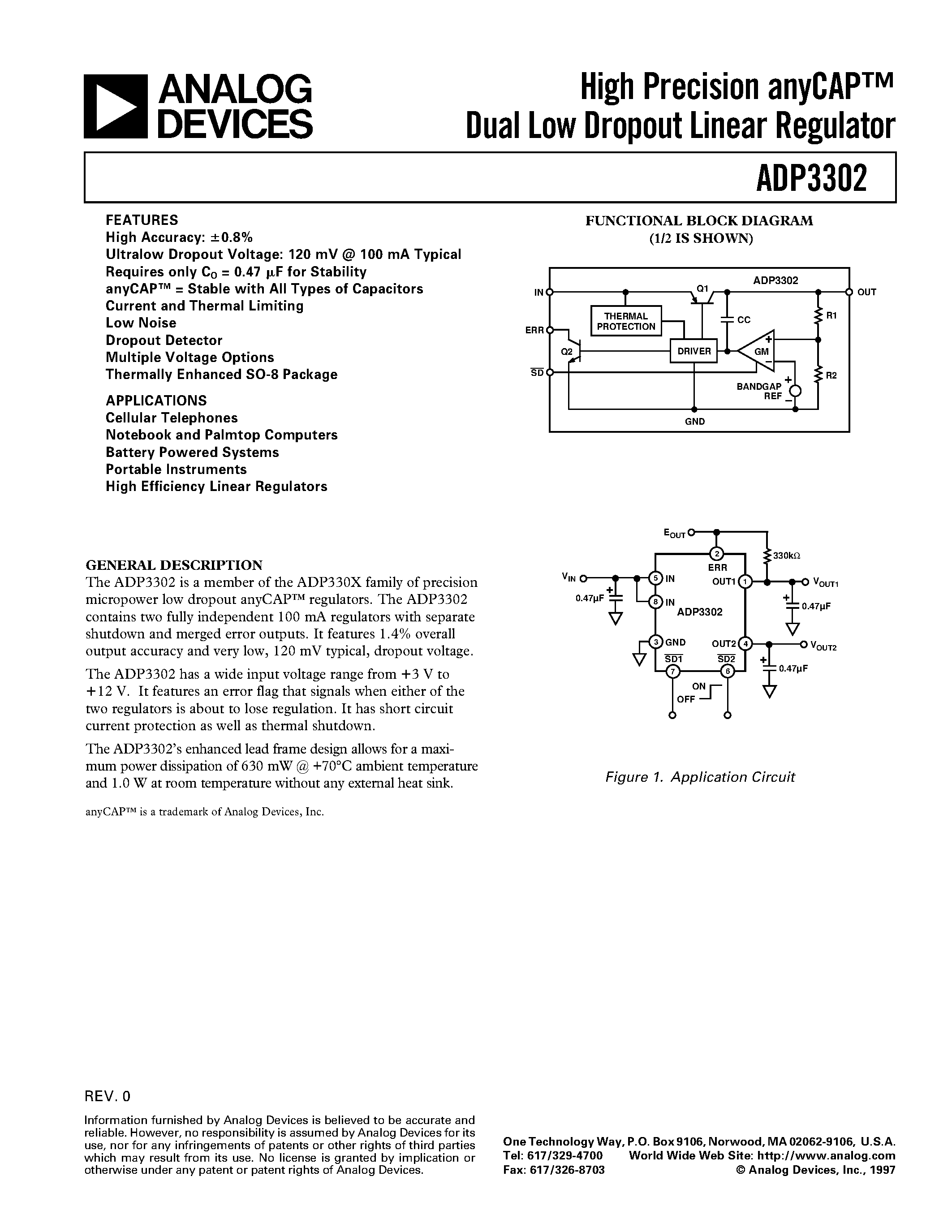 Даташит ADP3302AR2 - High Precision anyCAP Dual Low Dropout Linear Regulator страница 1