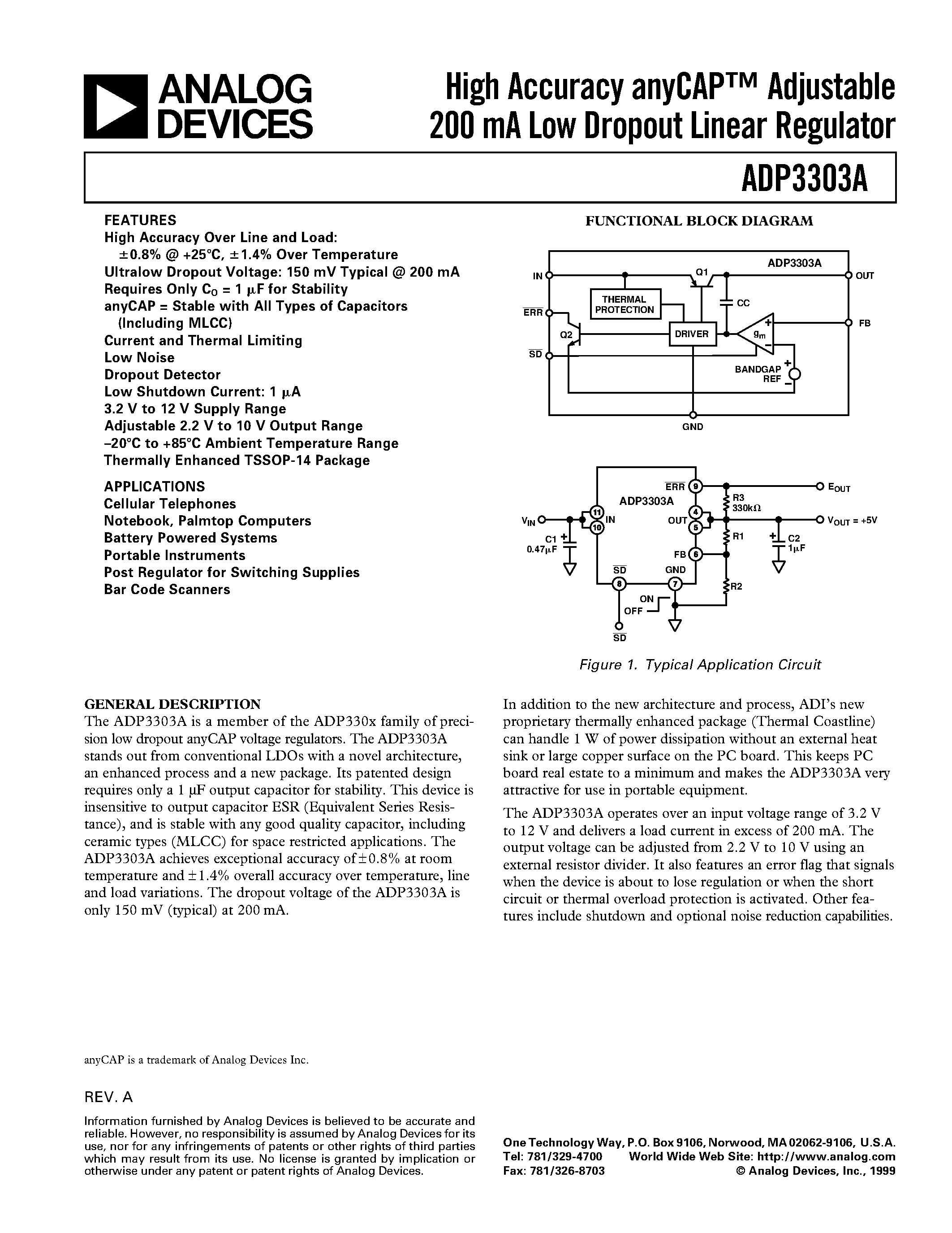 Даташит ADP3303AARU-Reel - High Accuracy anyCAP Adjustable 200 mA Low Dropout Linear Regulator страница 1