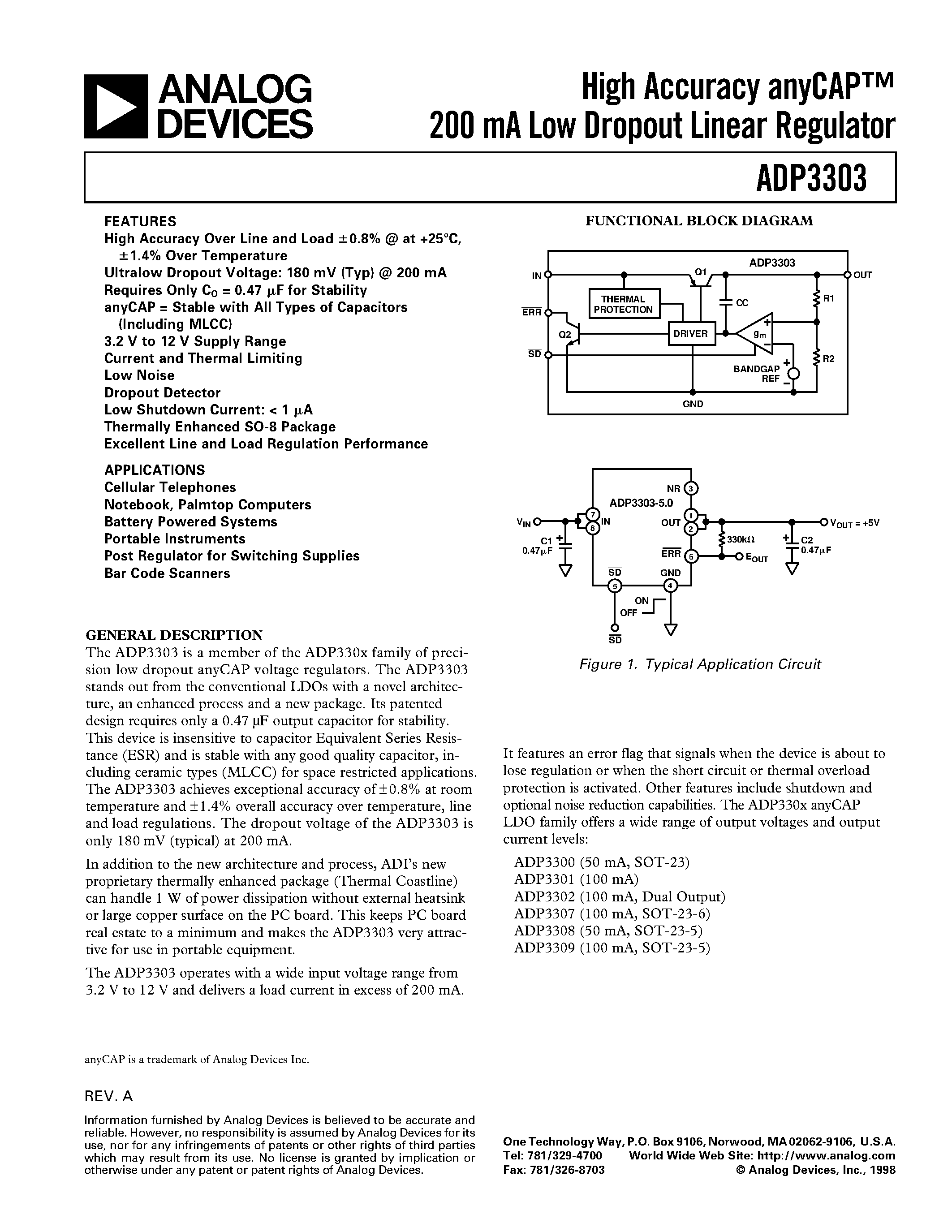 Даташит ADP3303AR-3 - High Accuracy anyCAP 200 mA Low Dropout Linear Regulator страница 1
