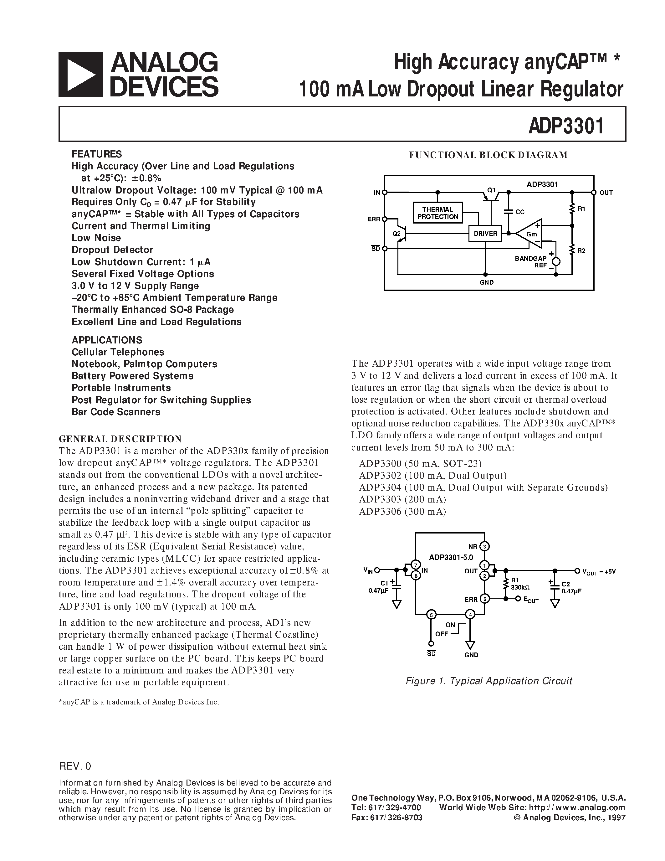 Даташит ADP3304 - High Accuracy anyCAP 100 mA Low Dropout Linear Regulator страница 1