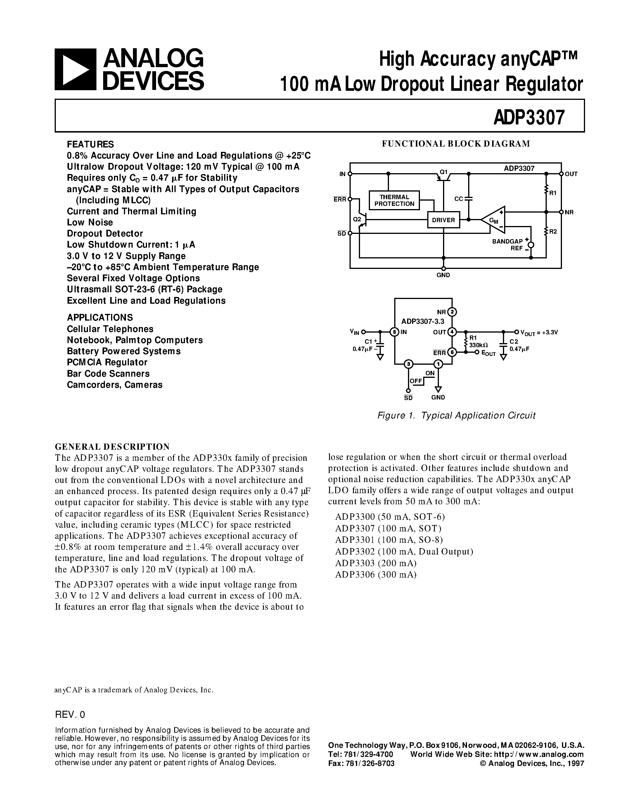 Даташит ADP3307ART-3 - High Accuracy anyCAP 100 mA Low Dropout Linear Regulator страница 1