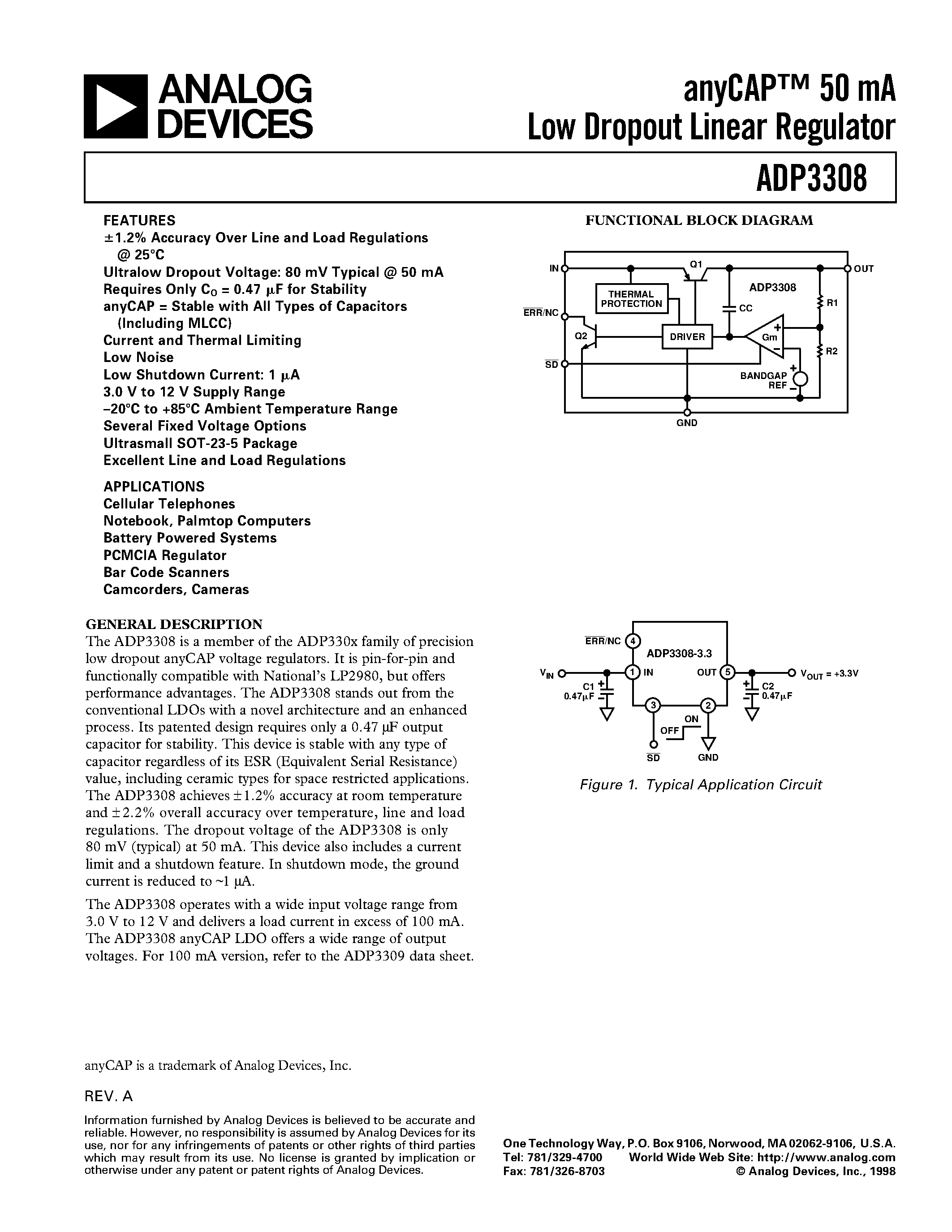 Даташит ADP3308ART-3 - anyCAP 50 mA Low Dropout Linear Regulator страница 1