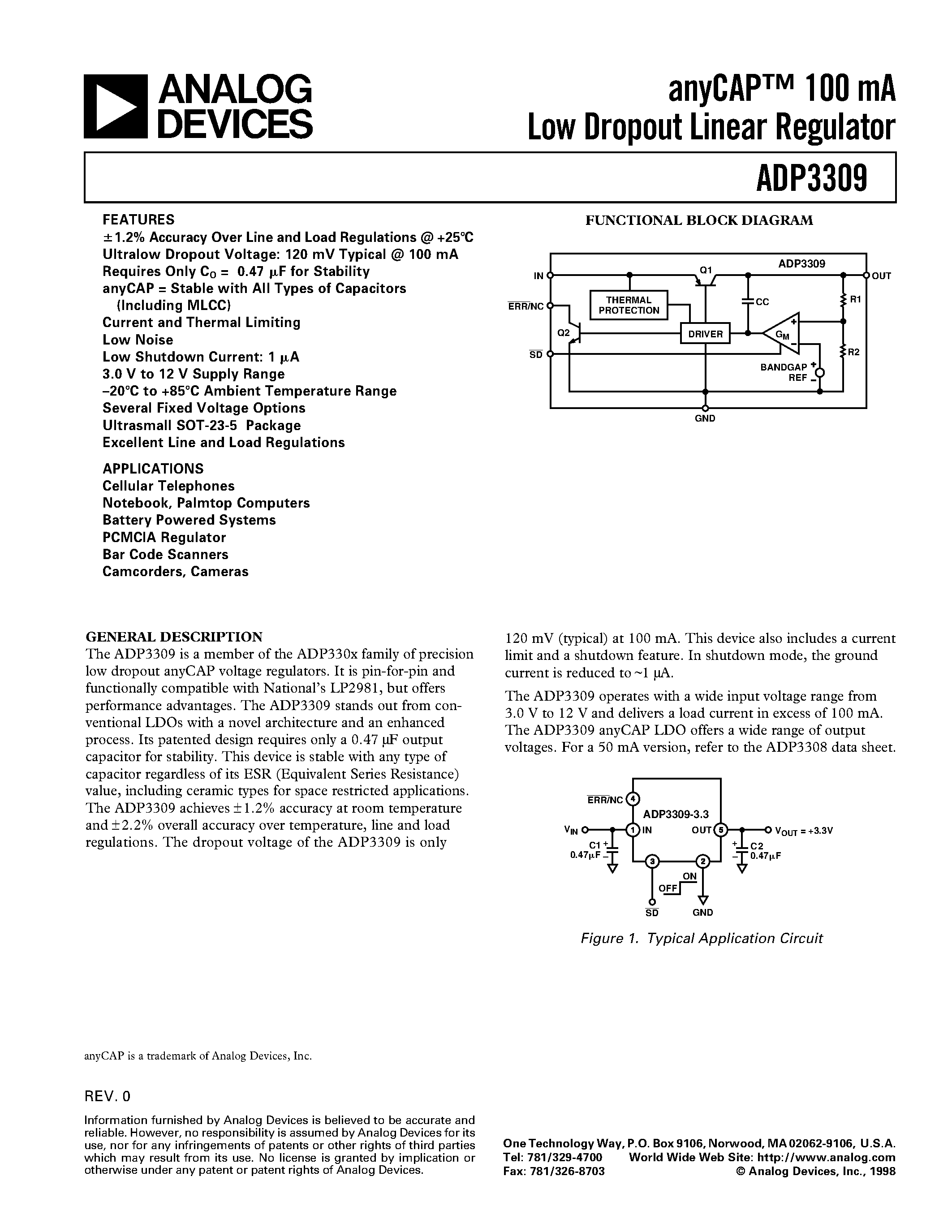 Даташит ADP3309ART-3 - anyCAP 100 mA Low Dropout Linear Regulator страница 1