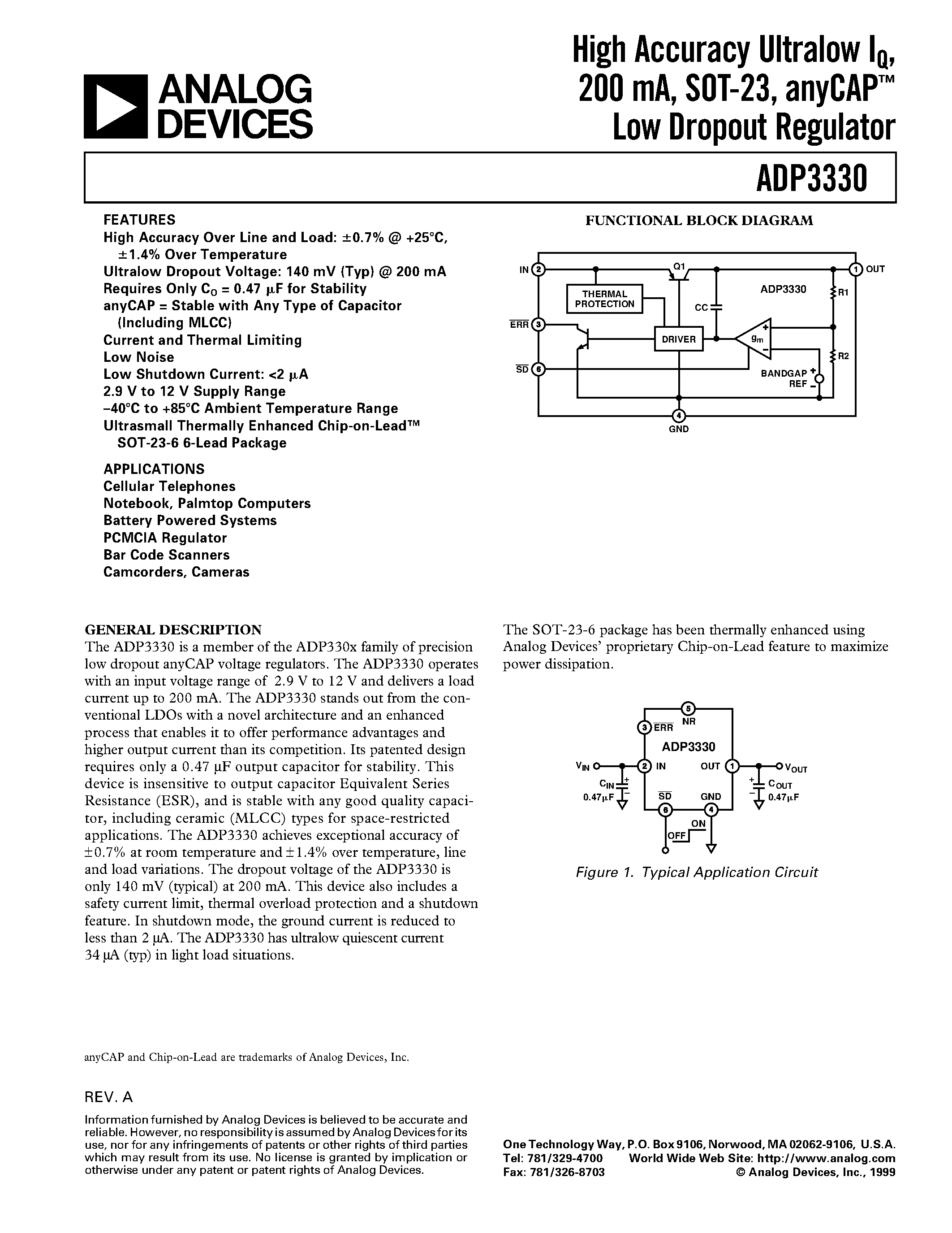 Даташит ADP3330ART-275 - High Accuracy Ultralow IQ/ 200 mA/ SOT-23/ anyCAP Low Dropout Regulator страница 1