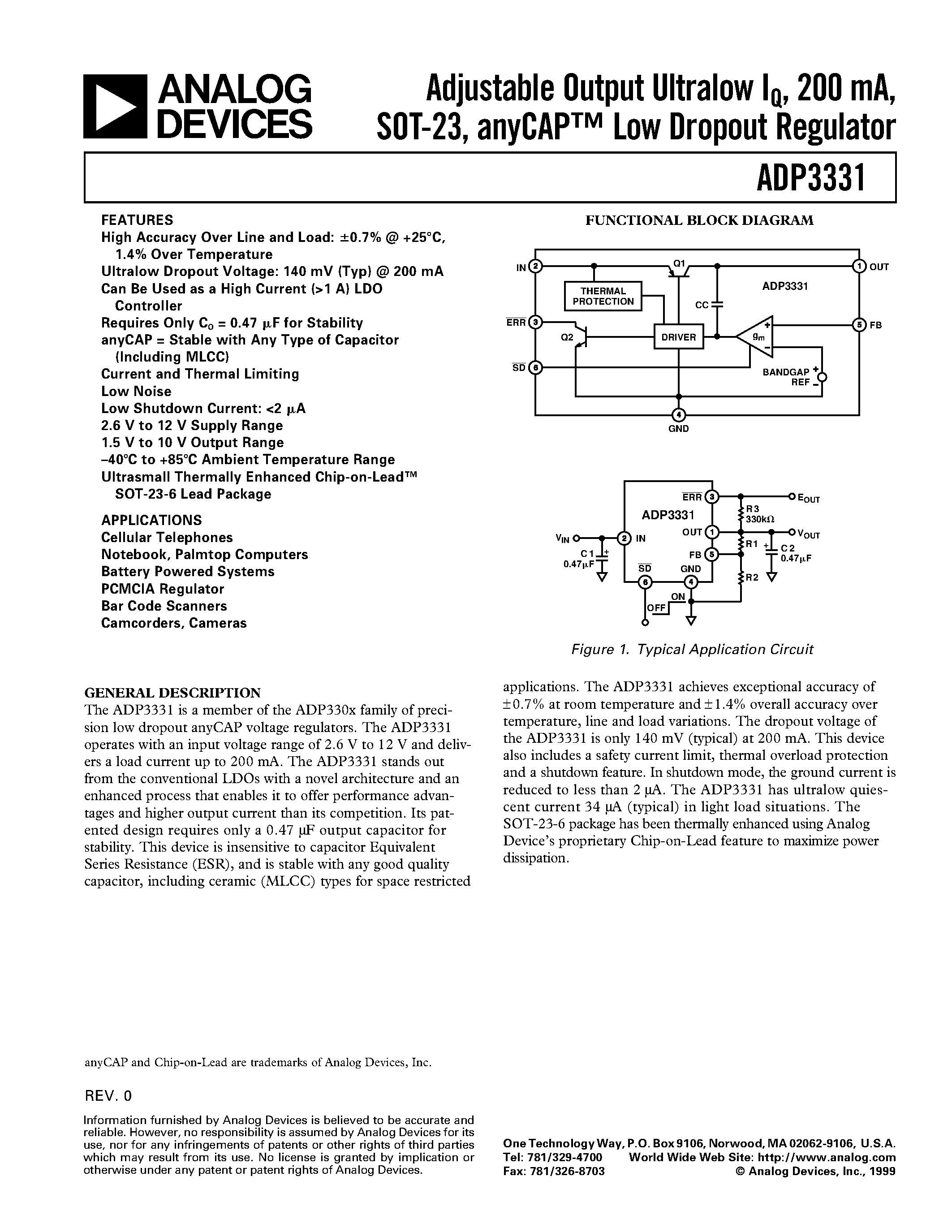 Даташит ADP3331ART - Adjustable Output Ultralow IQ/ 200 mA/ SOT-23/ anyCAP Low Dropout Regulator страница 1