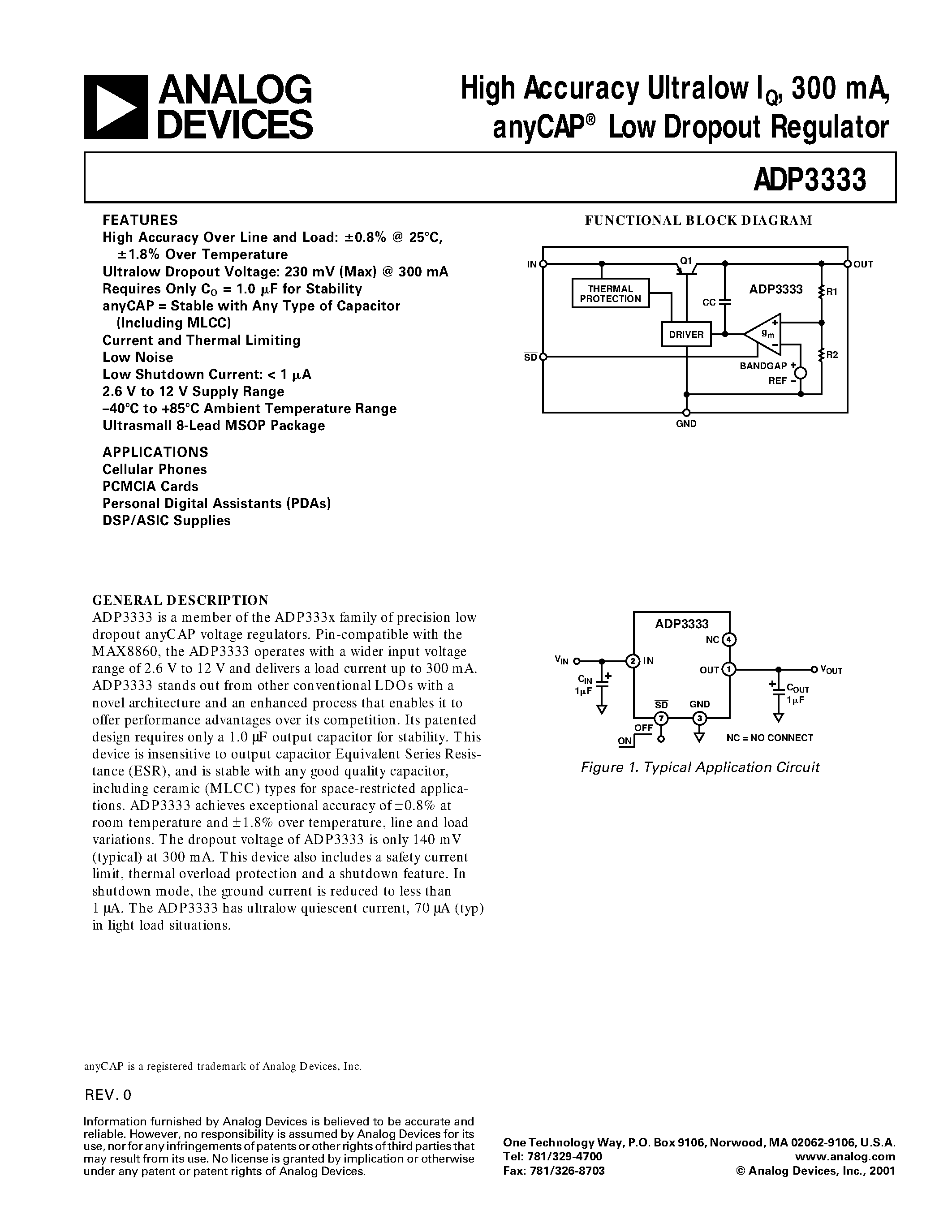 Даташит ADP3333ARM-25 - High Accuracy Ultralow IQ/ 300 mA/ anyCAP Low Dropout Regulator страница 1