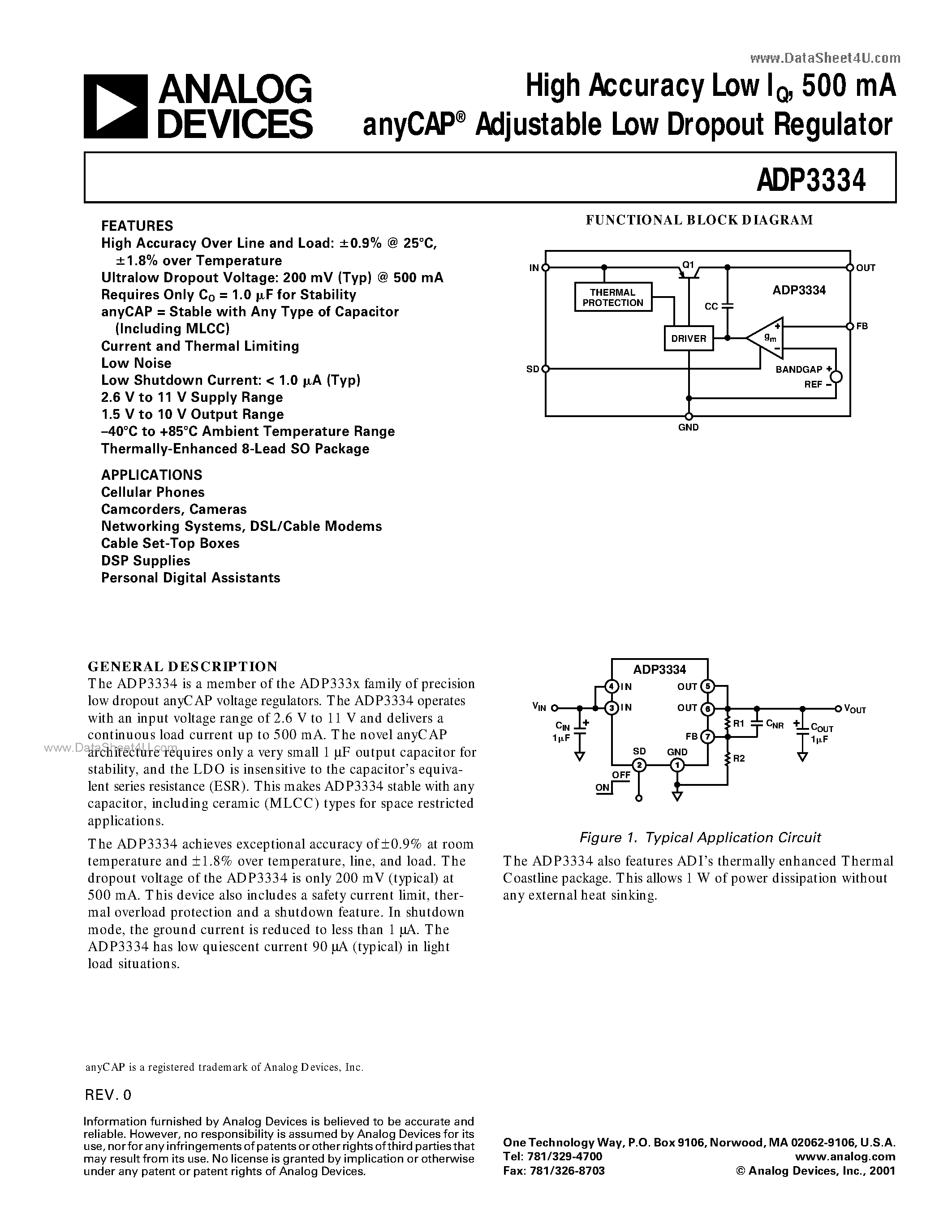 Даташит ADP3334 - High Accuracy Low IQ/ 500 mA anyCAP Adjustable Low Dropout Regulator страница 1