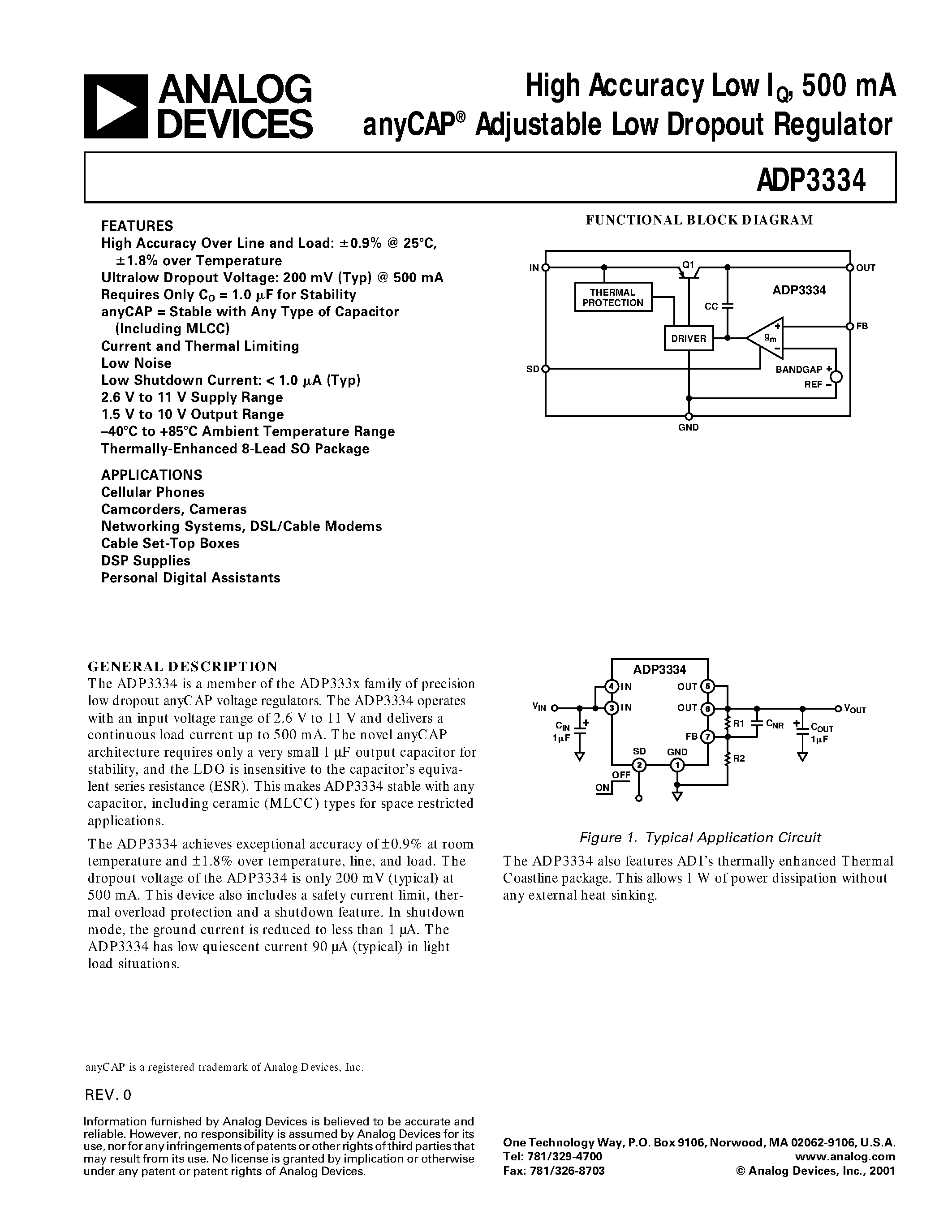 Даташит ADP3334AR - High Accuracy Low IQ/ 500 mA anyCAP Adjustable Low Dropout Regulator страница 1
