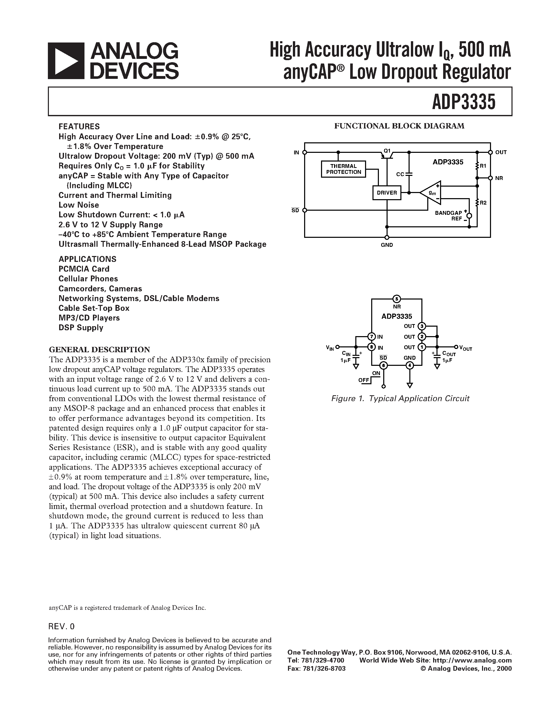 Даташит ADP3335ARM-285 - High Accuracy Ultralow IQ/ 500 mA anyCAP Low Dropout Regulator страница 1