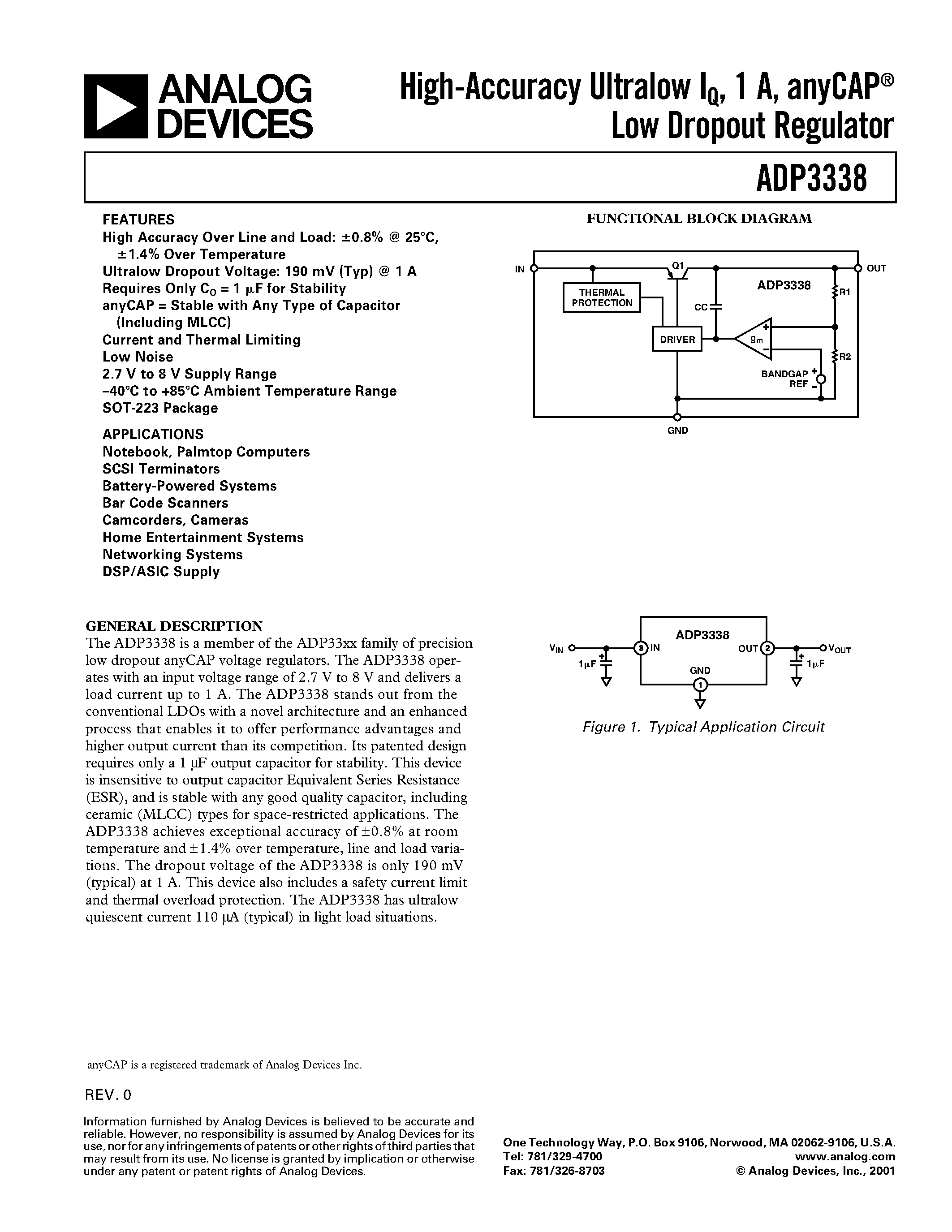 Даташит ADP3338AKC-25 - High-Accuracy Ultralow IQ/ 1 A/ anyCAP Low Dropout Regulator страница 1