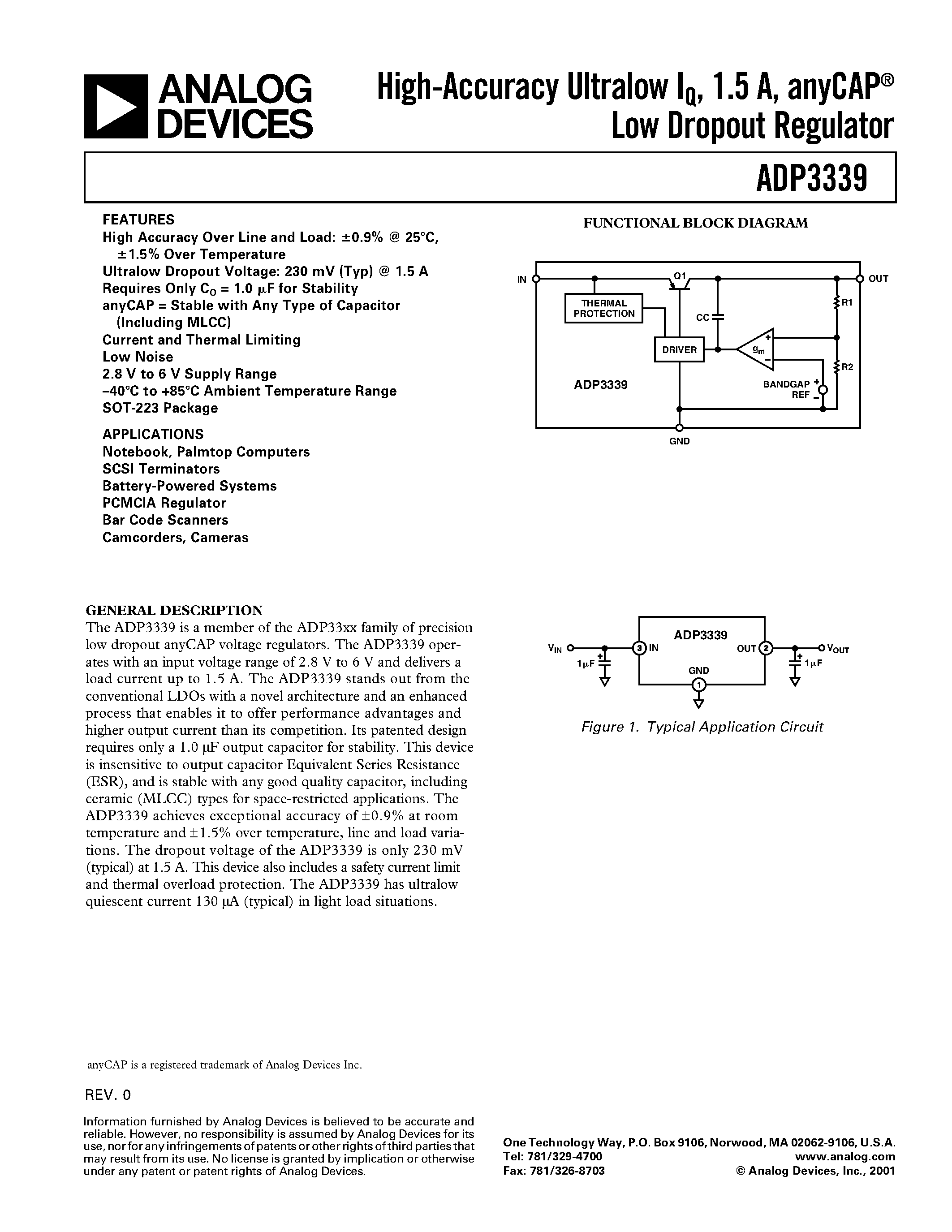 Даташит ADP3339AKC-25 - High-Accuracy Ultralow IQ/ 1.5 A/ anyCAP Low Dropout Regulator страница 1
