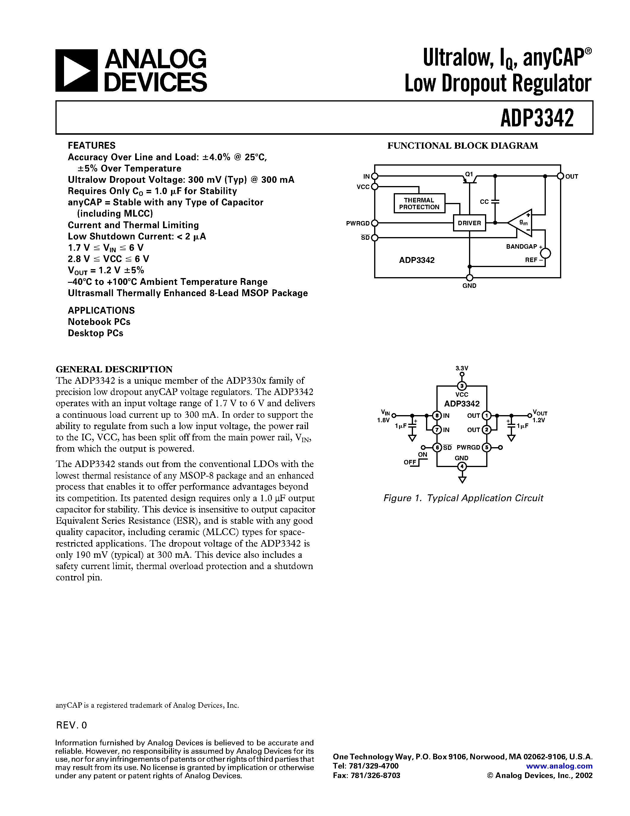 Даташит ADP3342 - Ultralow/ IQ/ anyCAP Low Dropout Regulator страница 1