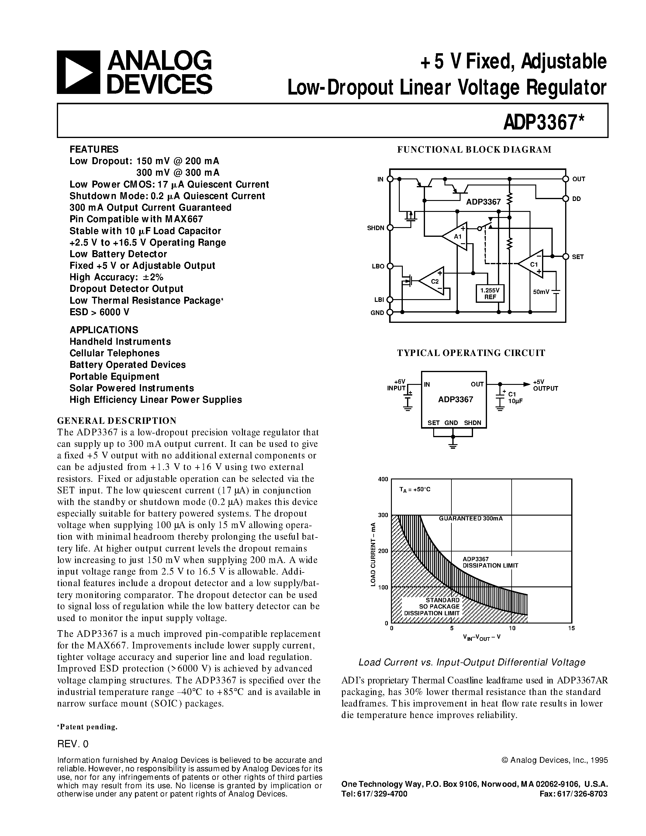 Даташит ADP3367AR - +5 V Fixed/ Adjustable Low-Dropout Linear Voltage Regulator страница 1